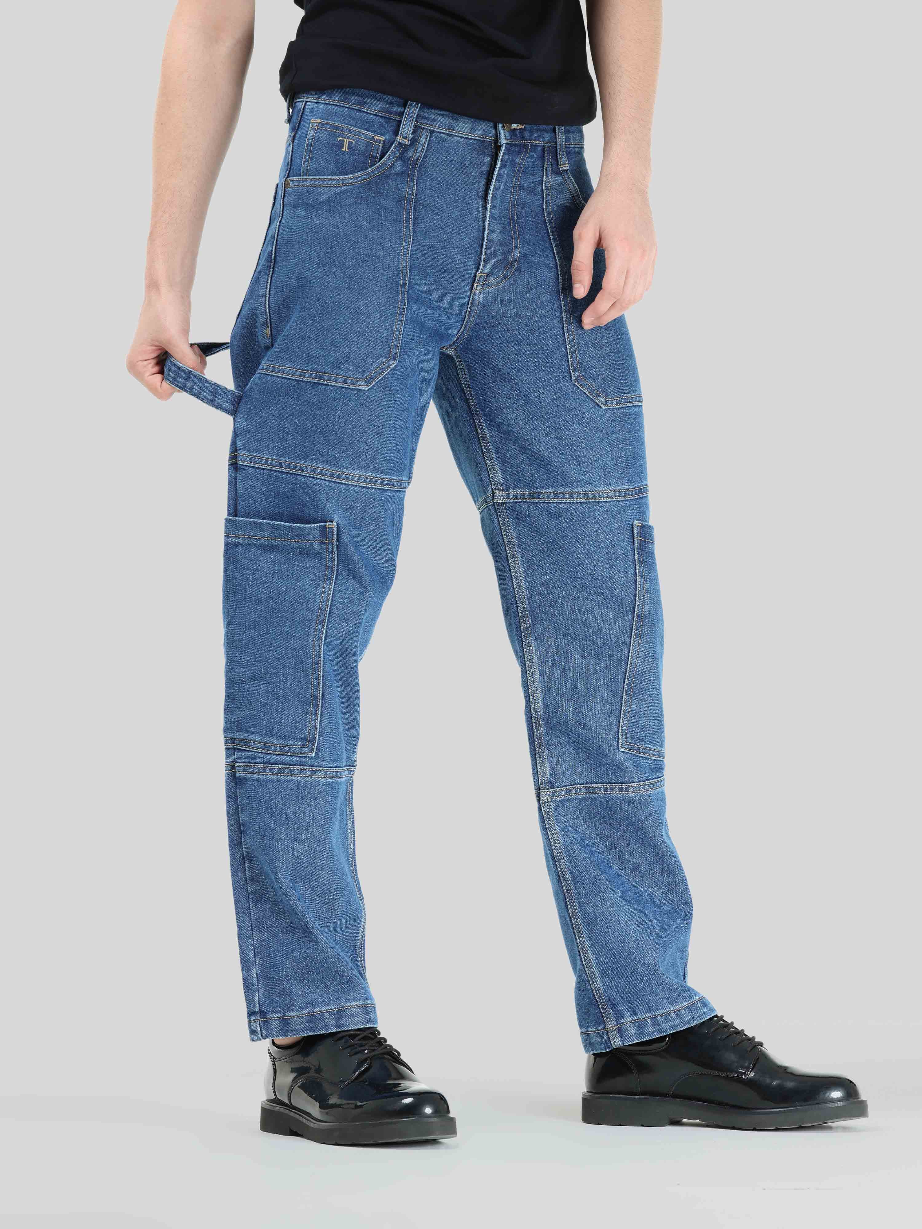 Shop Stylish Mid Blue Denim Cargo Pants For Men Online
