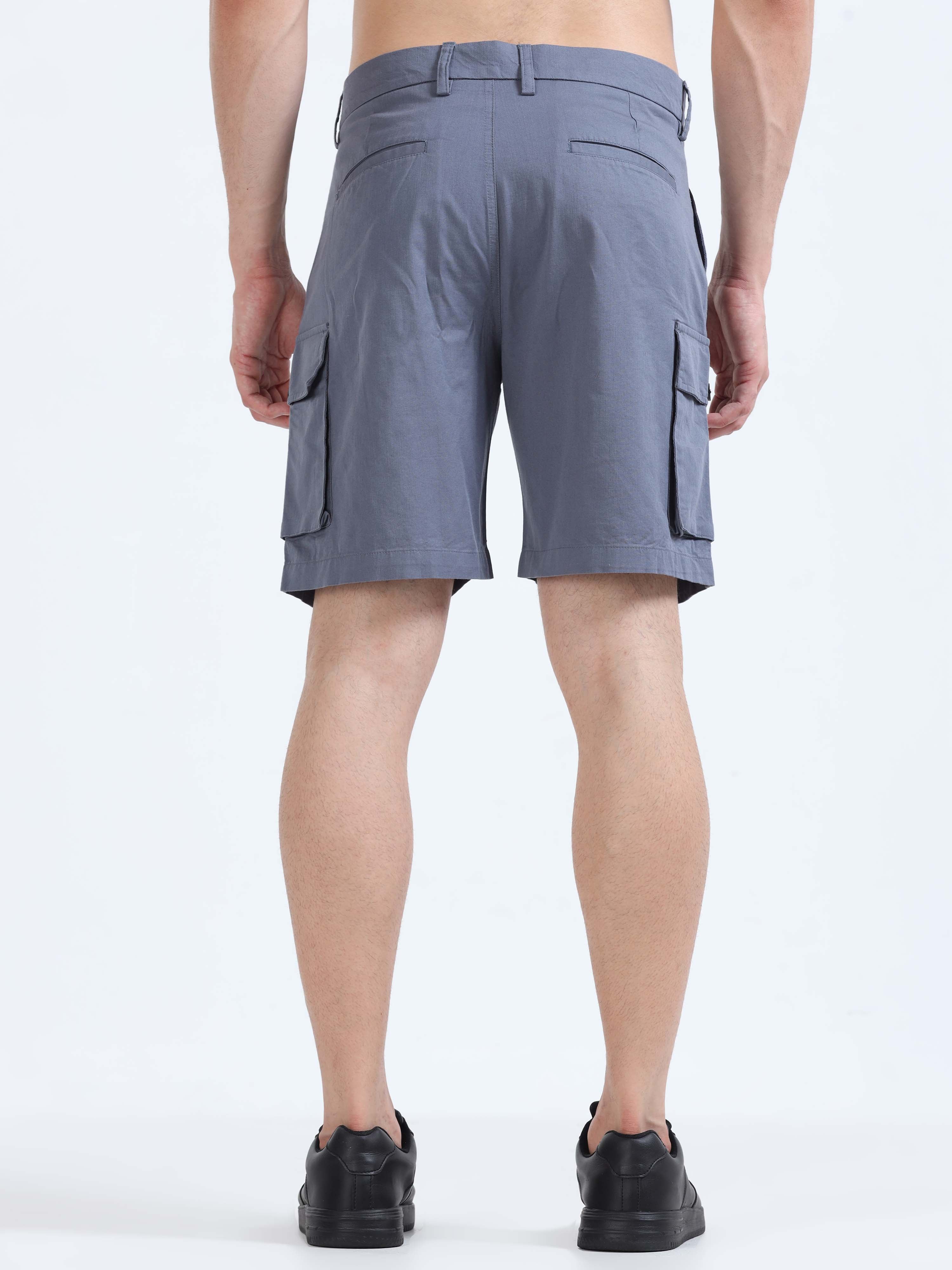 Soft Cotton Pleated Stone Blue Cargo Shorts