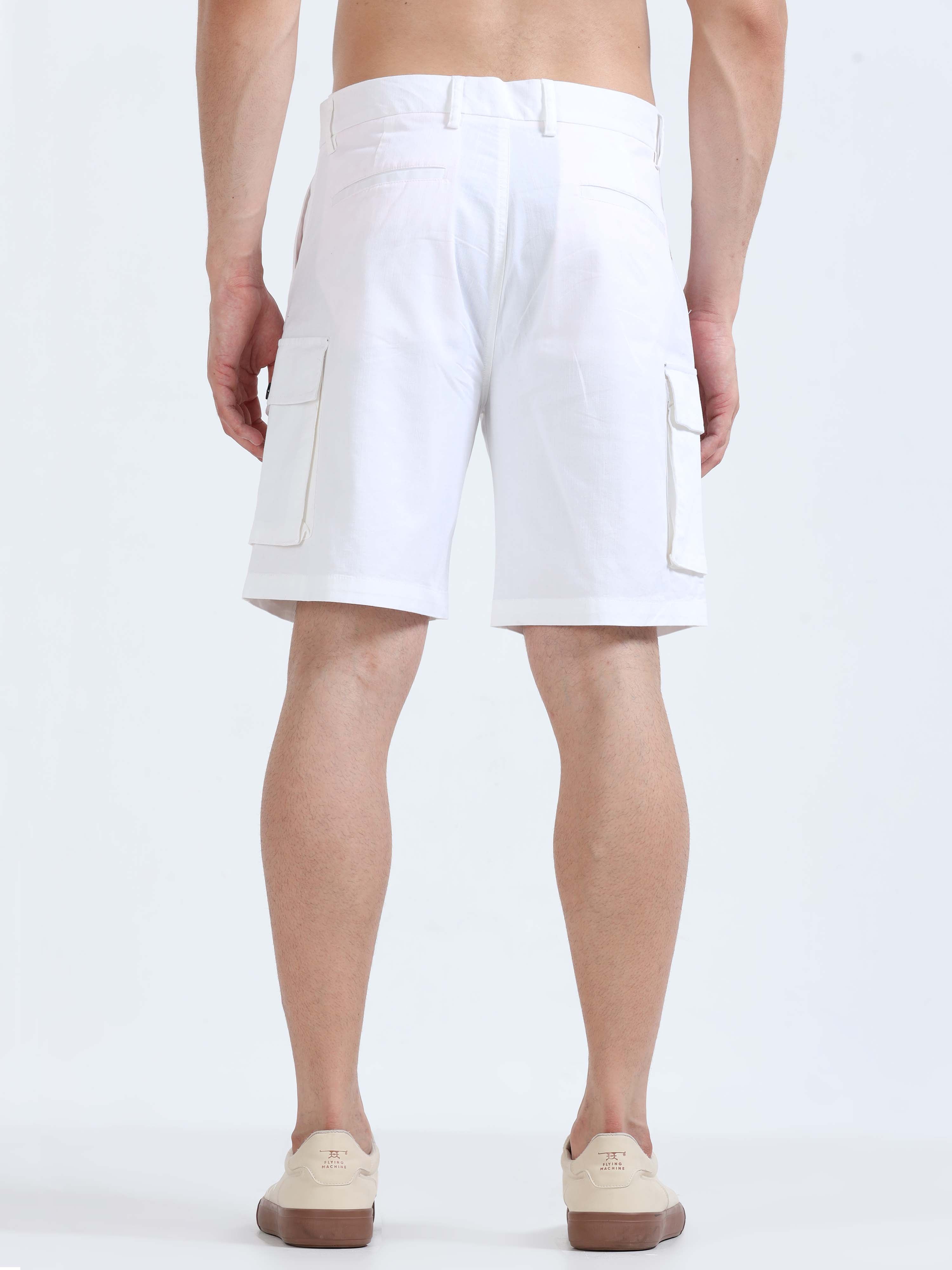 Soft Cotton Pleated White Cargo Shorts