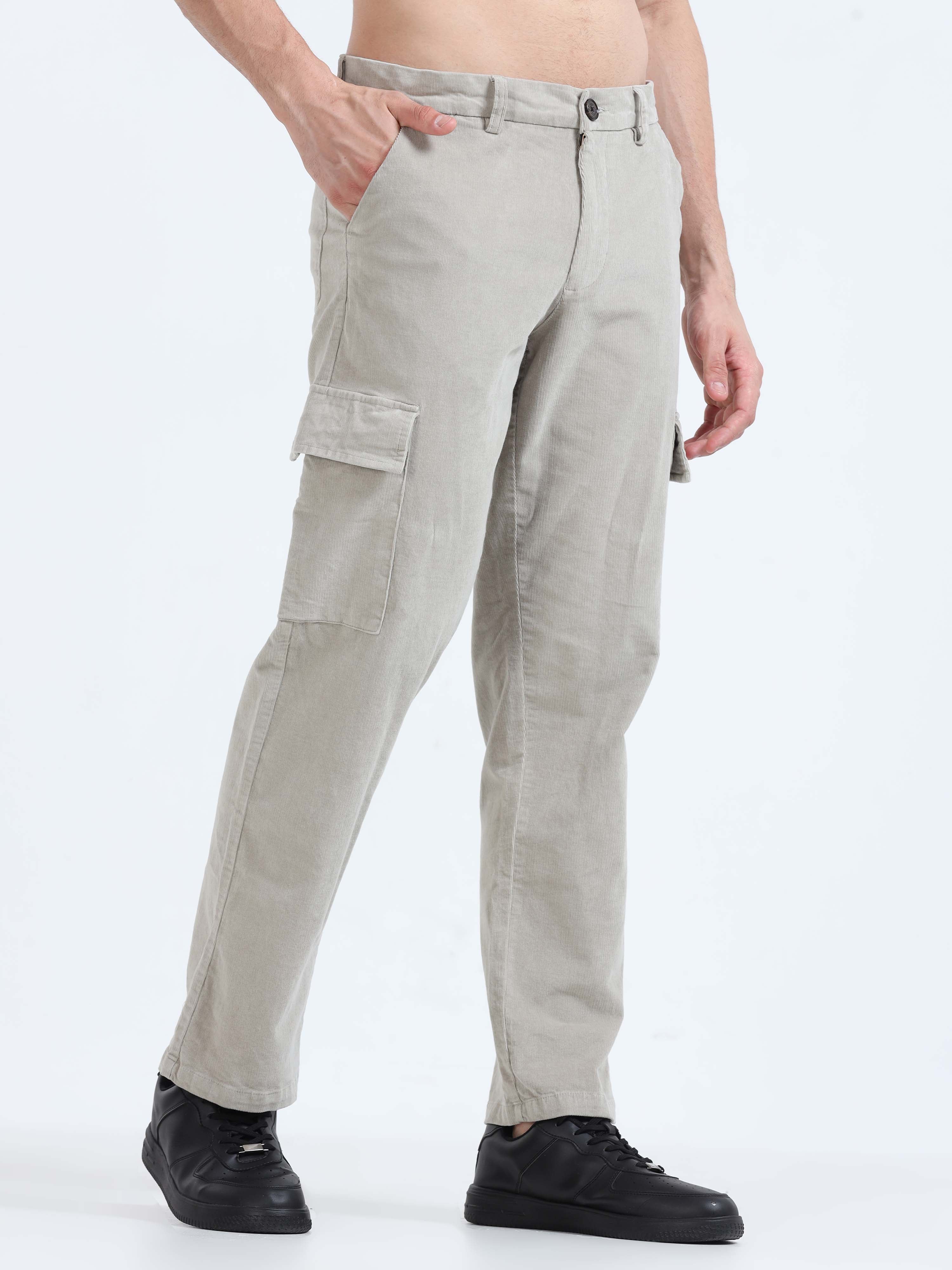 Soft Corduroy Light Grey Relaxed Cargo Pant