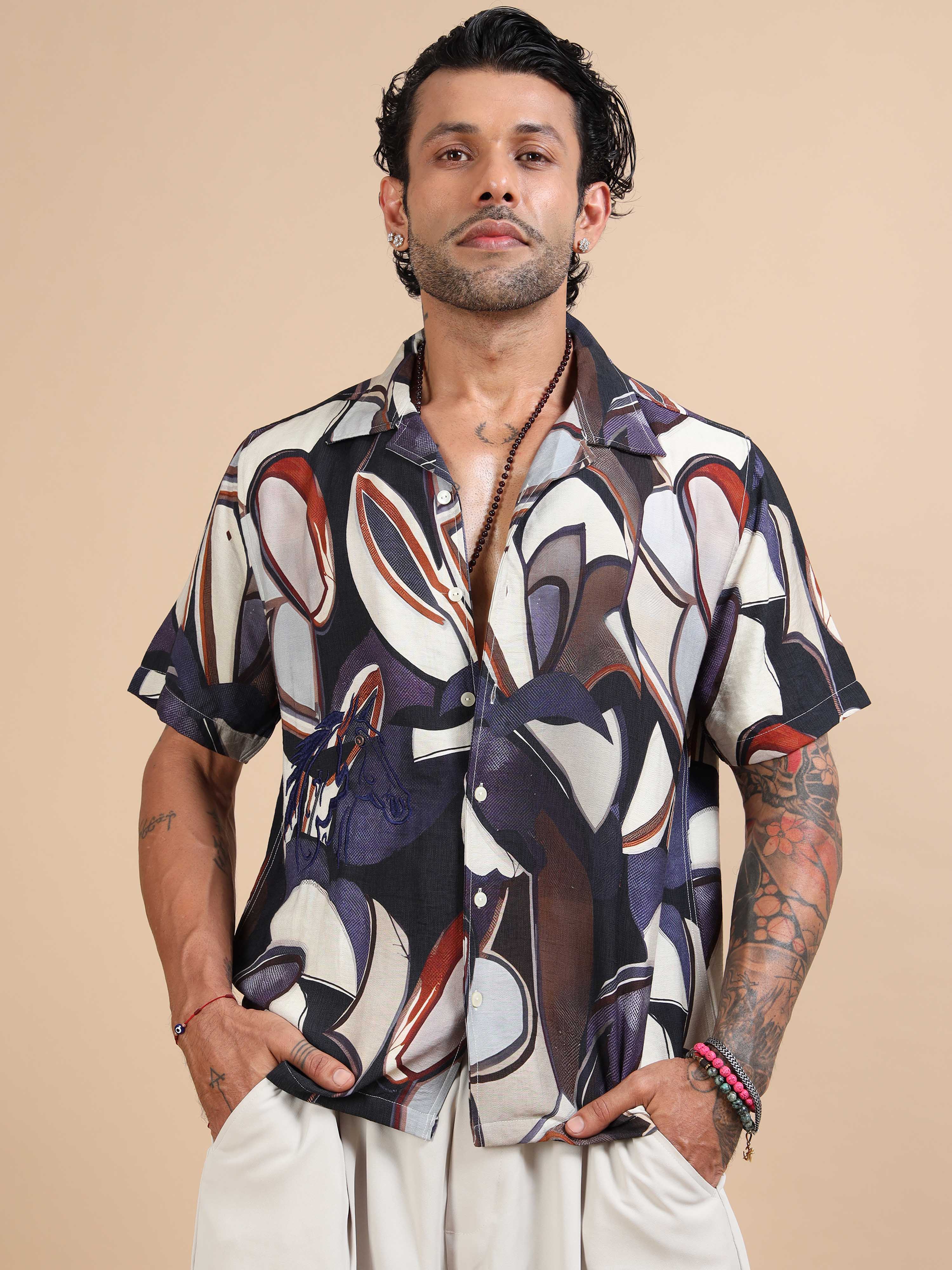 Mens abstract blossom floral printed shirt in cream