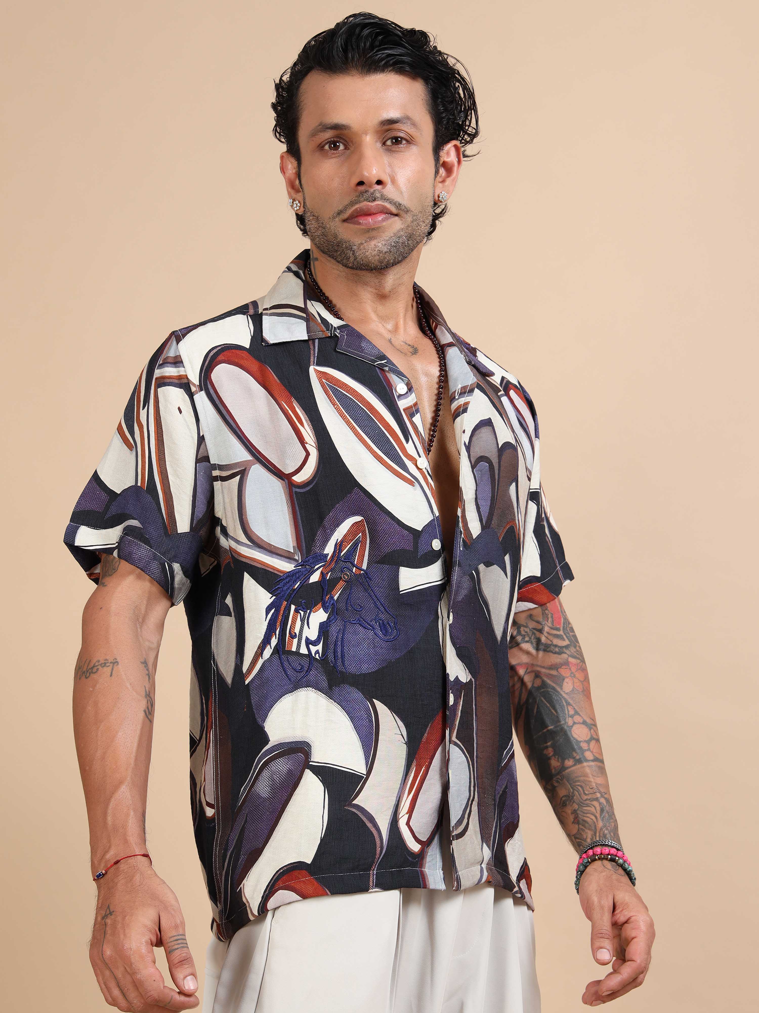 Mens abstract blossom floral printed shirt in cream