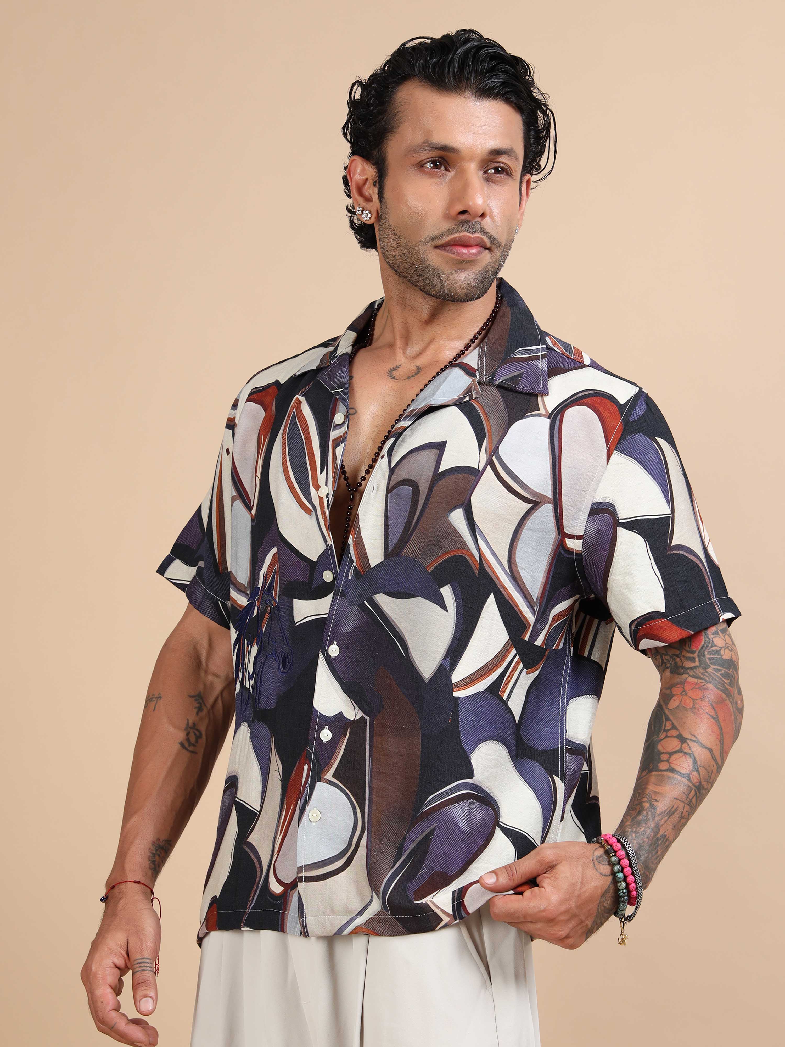 Mens abstract blossom floral printed shirt in cream