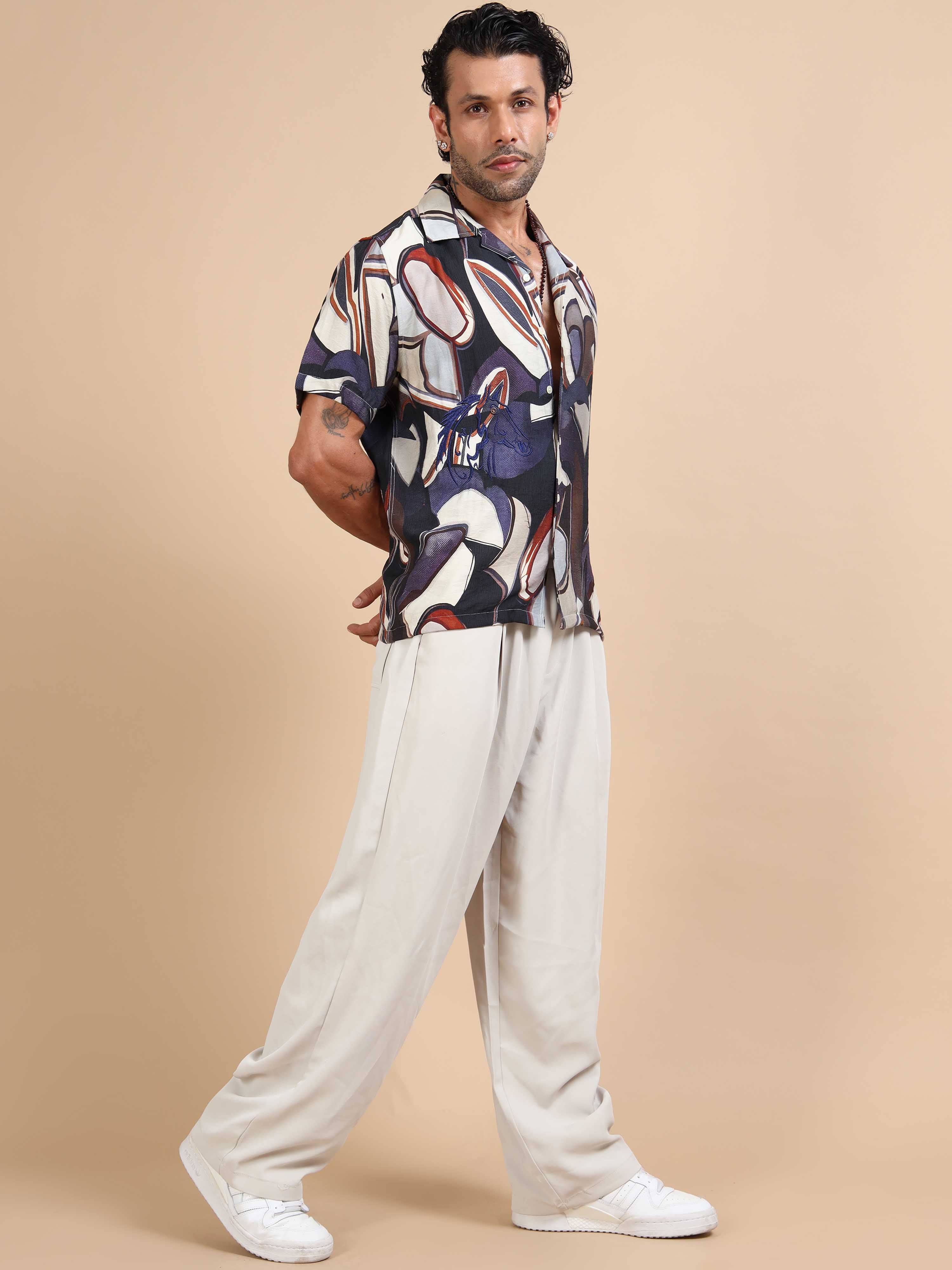 Mens abstract blossom floral printed shirt in cream