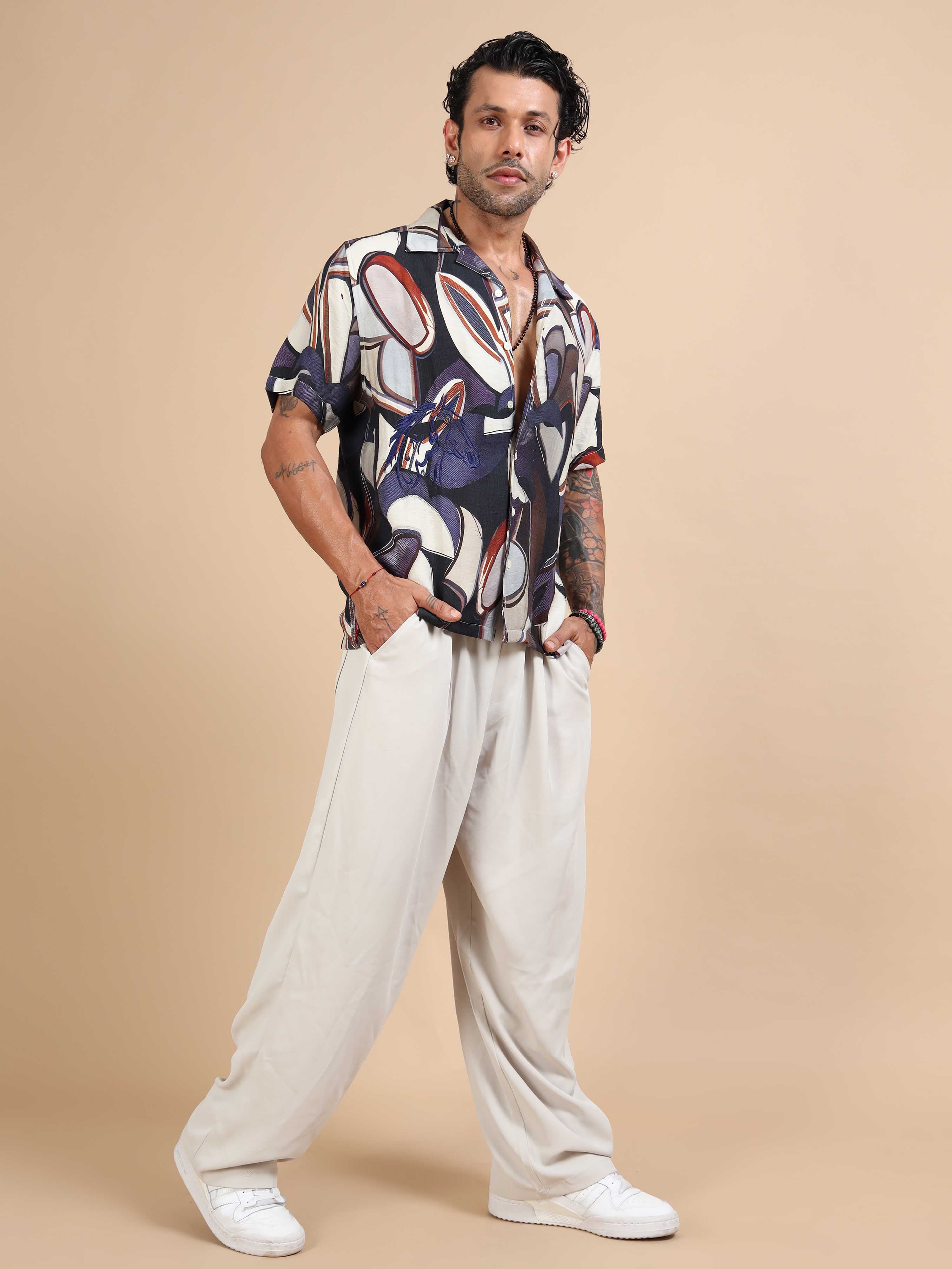 Mens abstract blossom floral printed shirt in cream