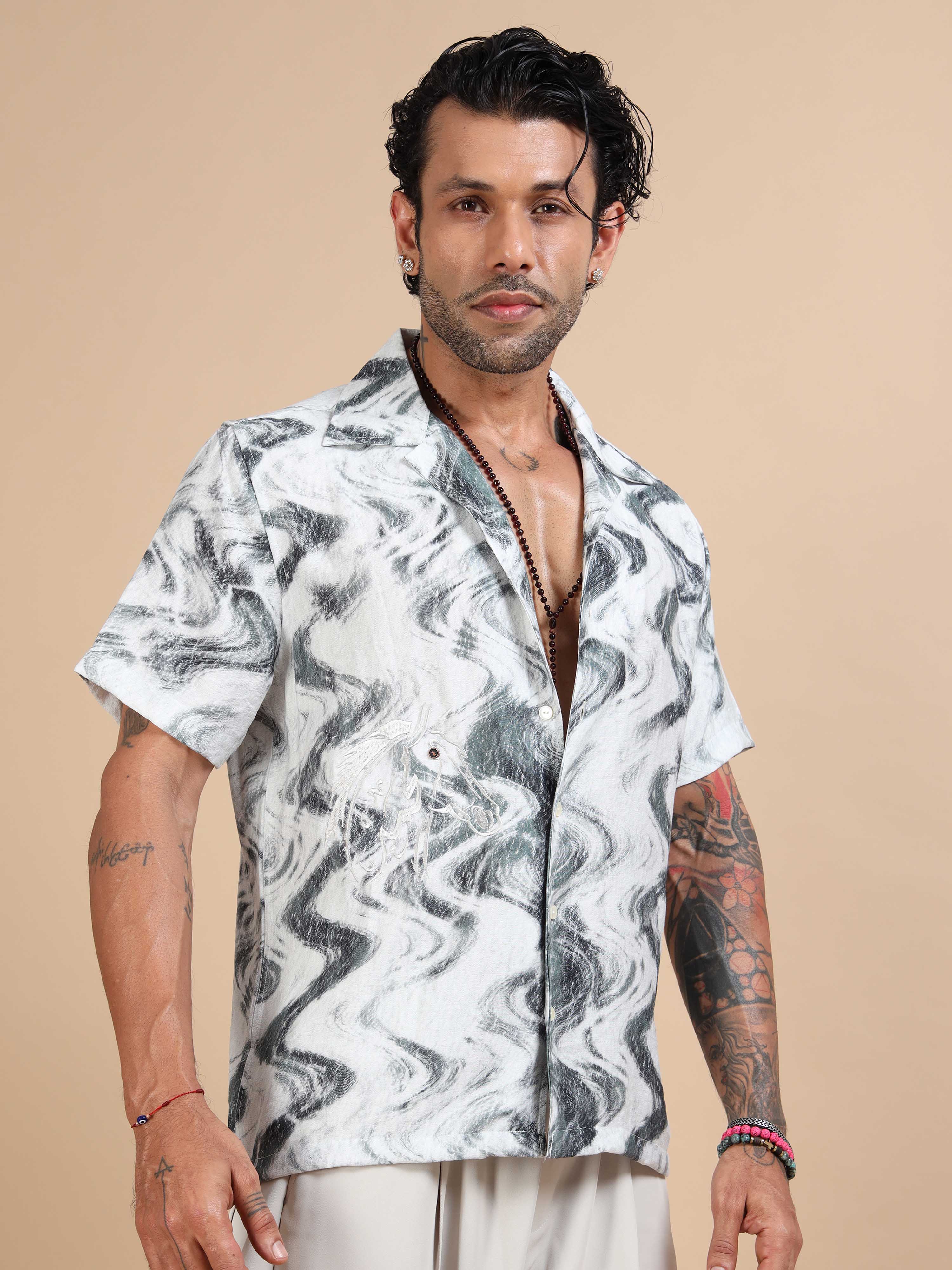 wavy black and White Printed Shirt for men