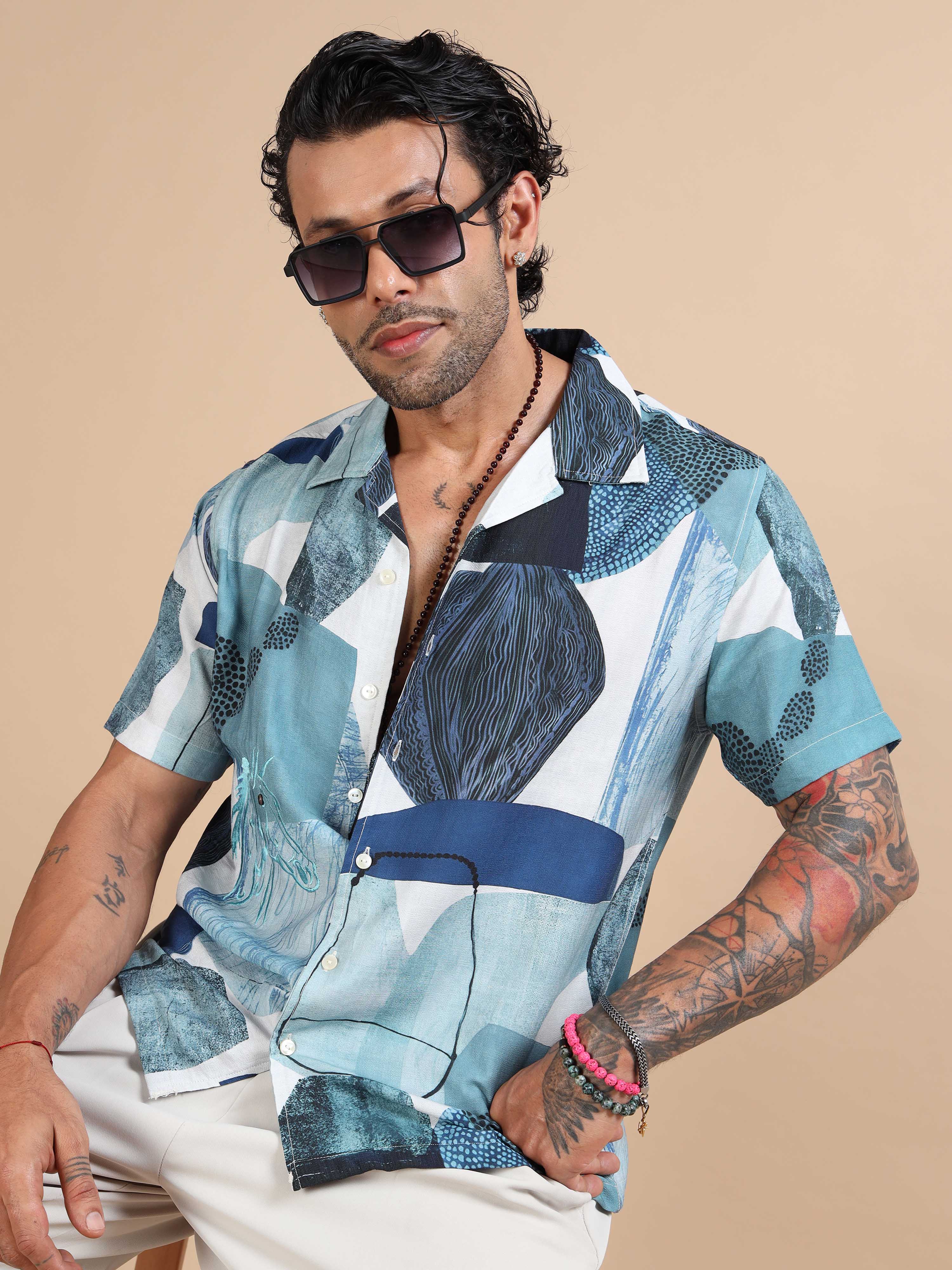 Lunar Petals Abstract Printed Shirt In Blue Mens Floral