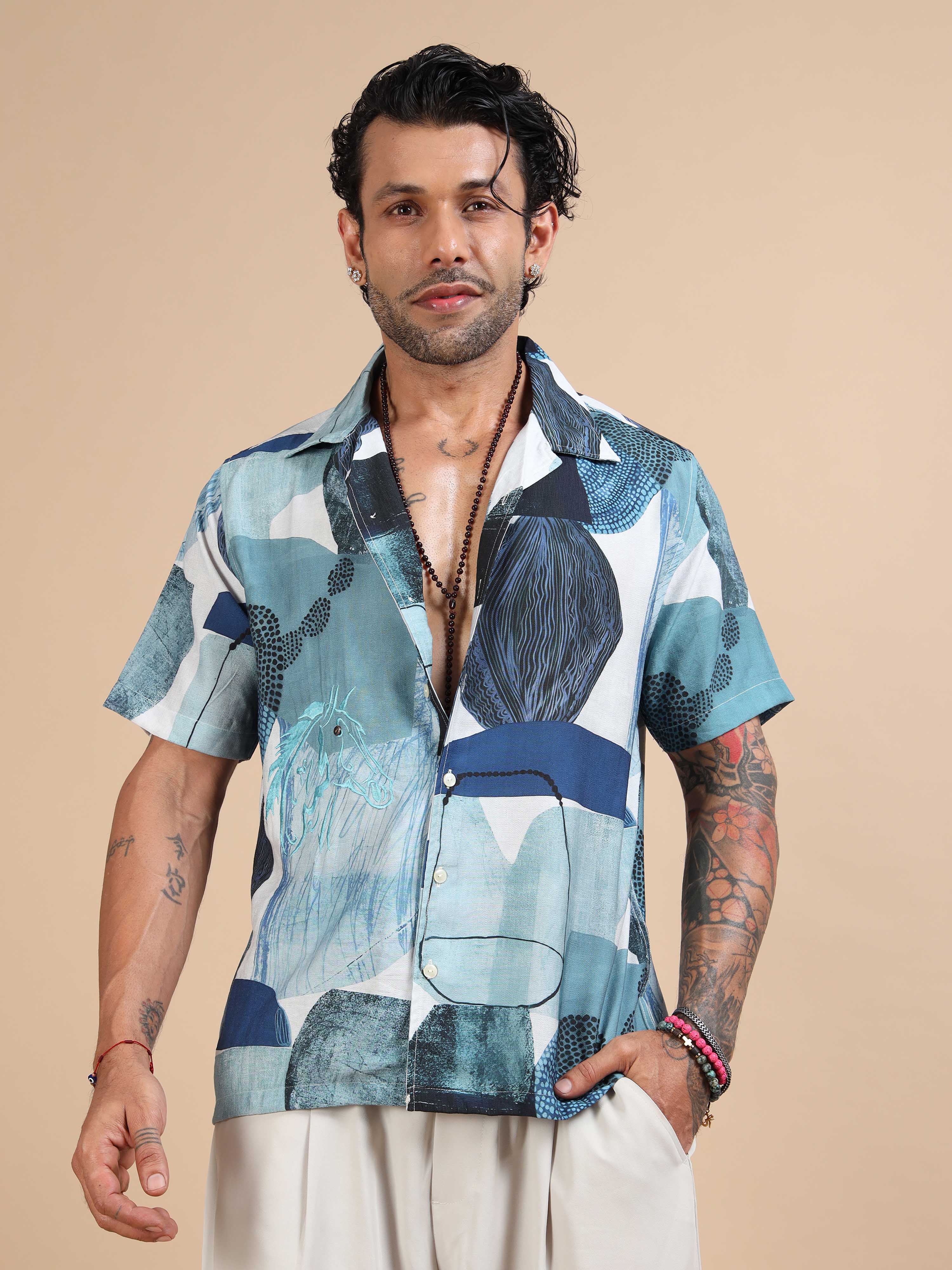 Lunar Petals Abstract Printed Shirt In Blue Mens Floral