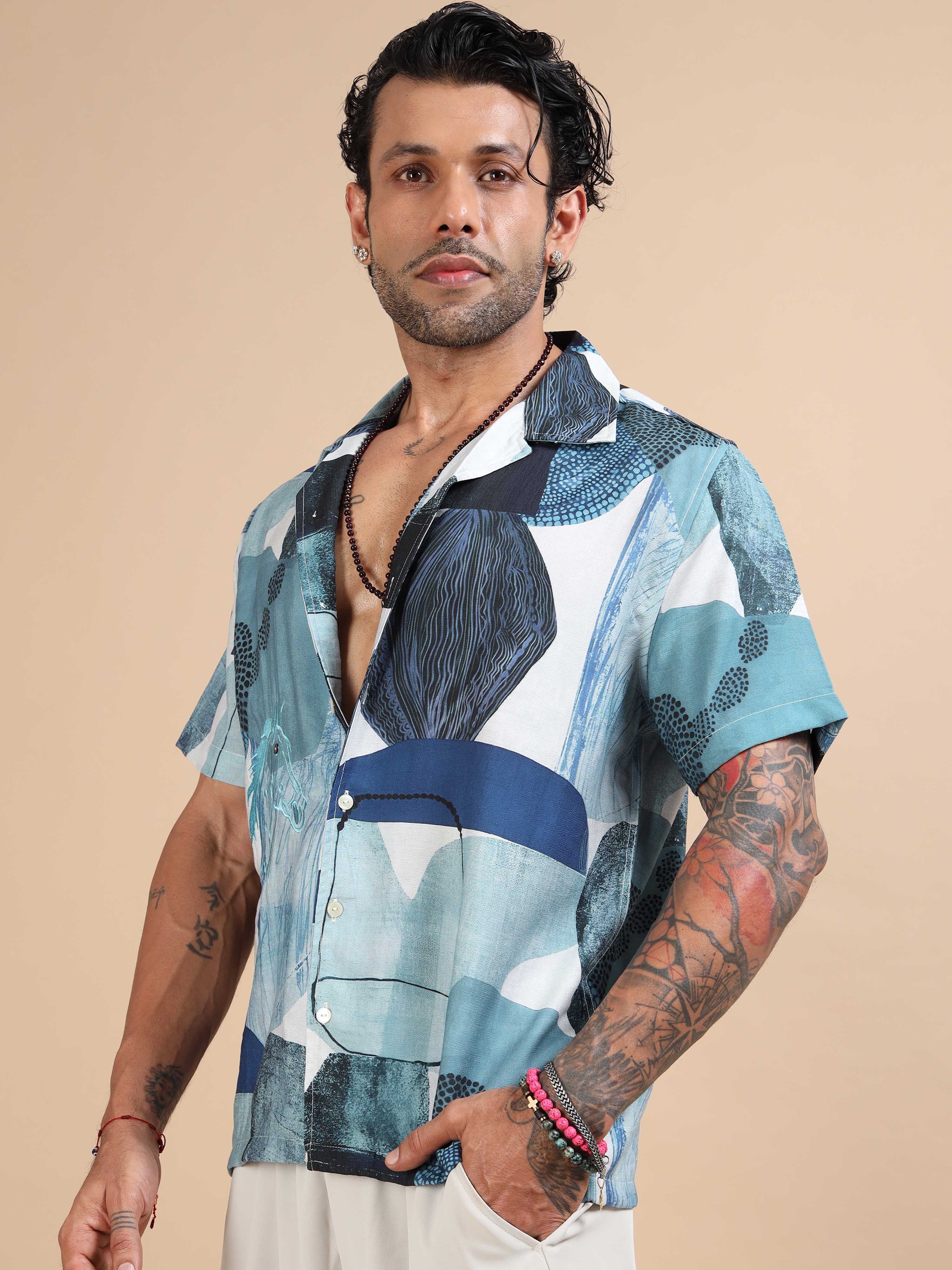 Lunar Petals Abstract Printed Shirt In Blue Mens Floral