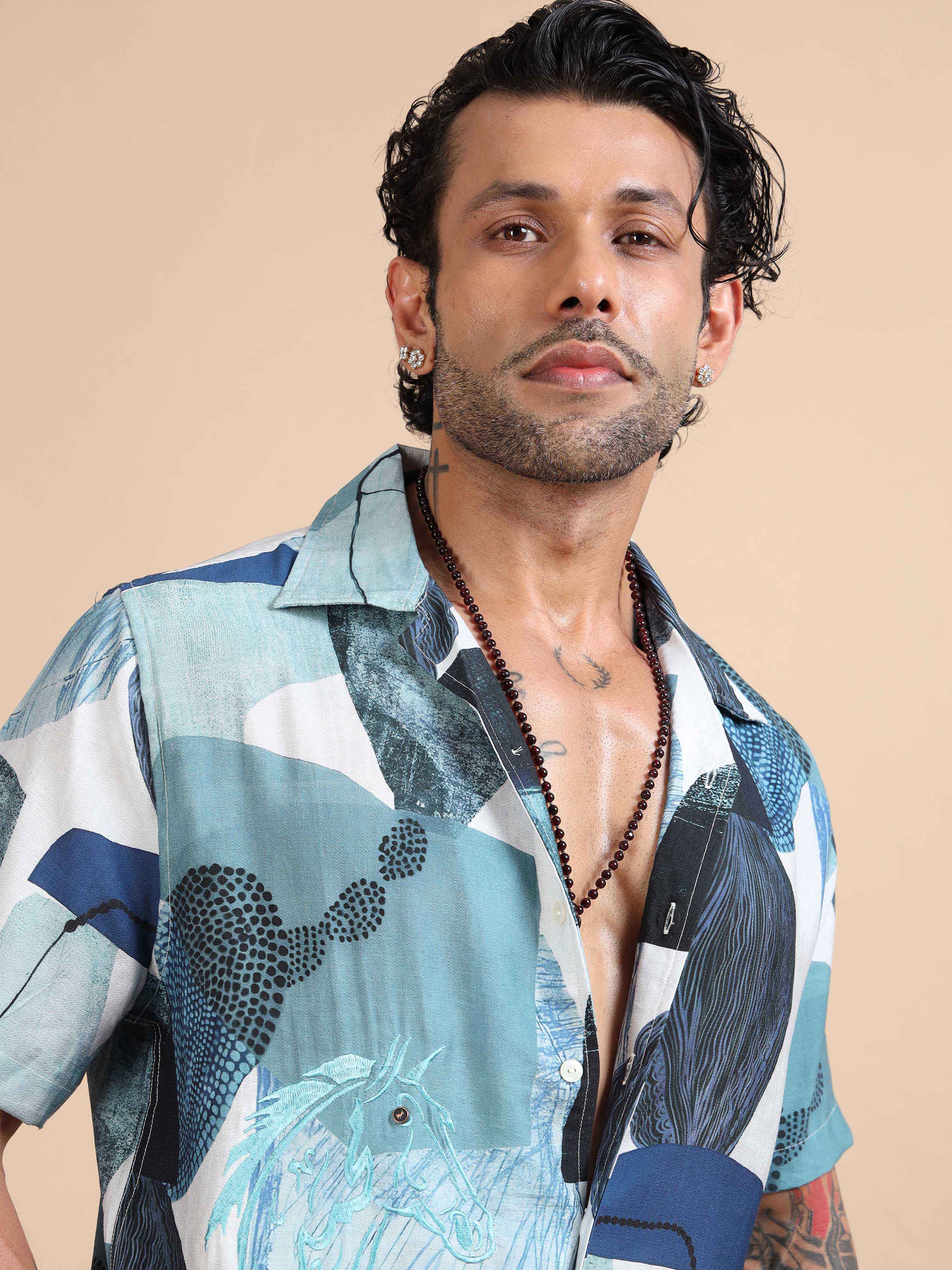 Lunar Petals Abstract Printed Shirt In Blue Mens Floral