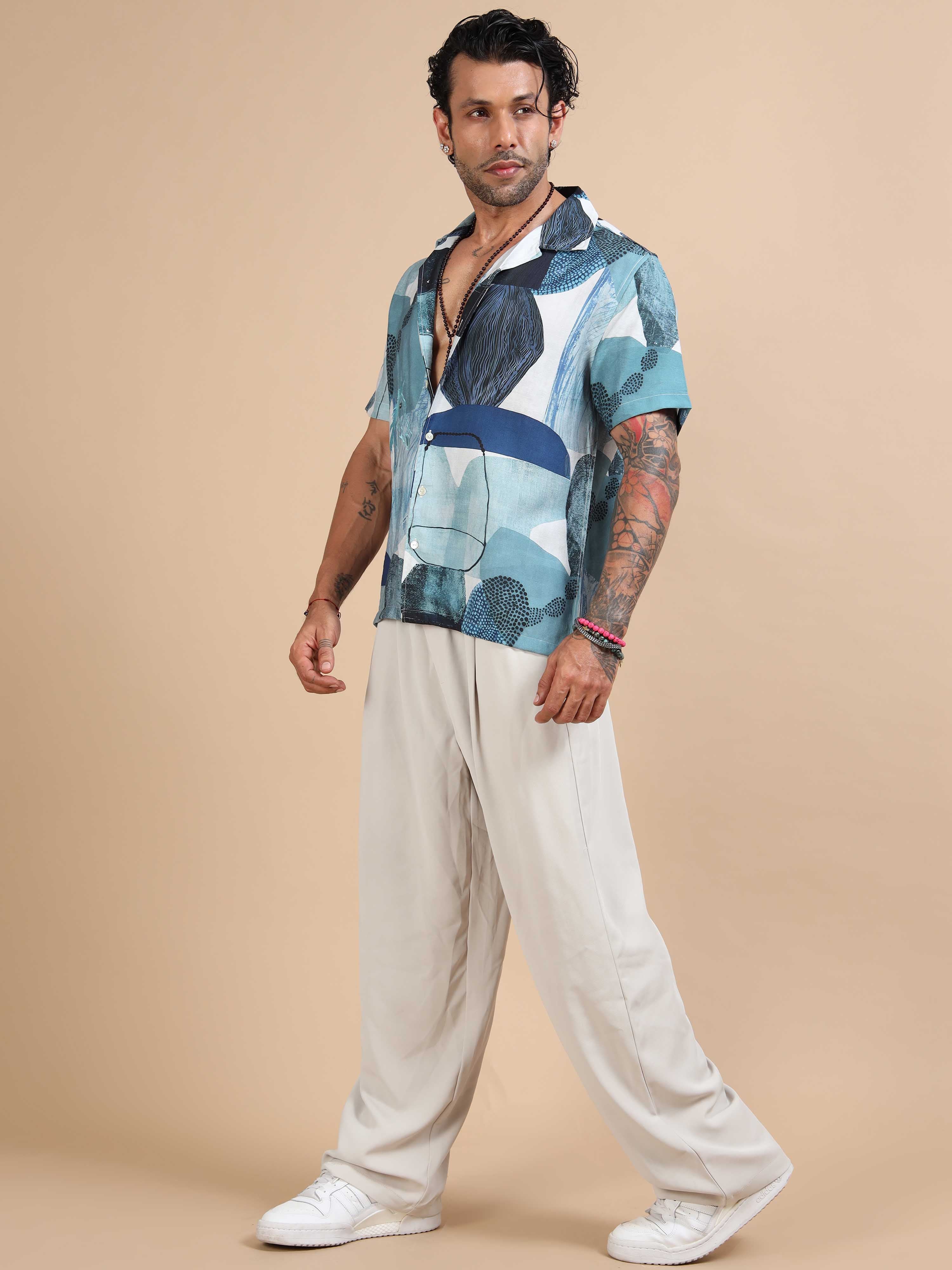 Lunar Petals Abstract Printed Shirt In Blue Mens Floral