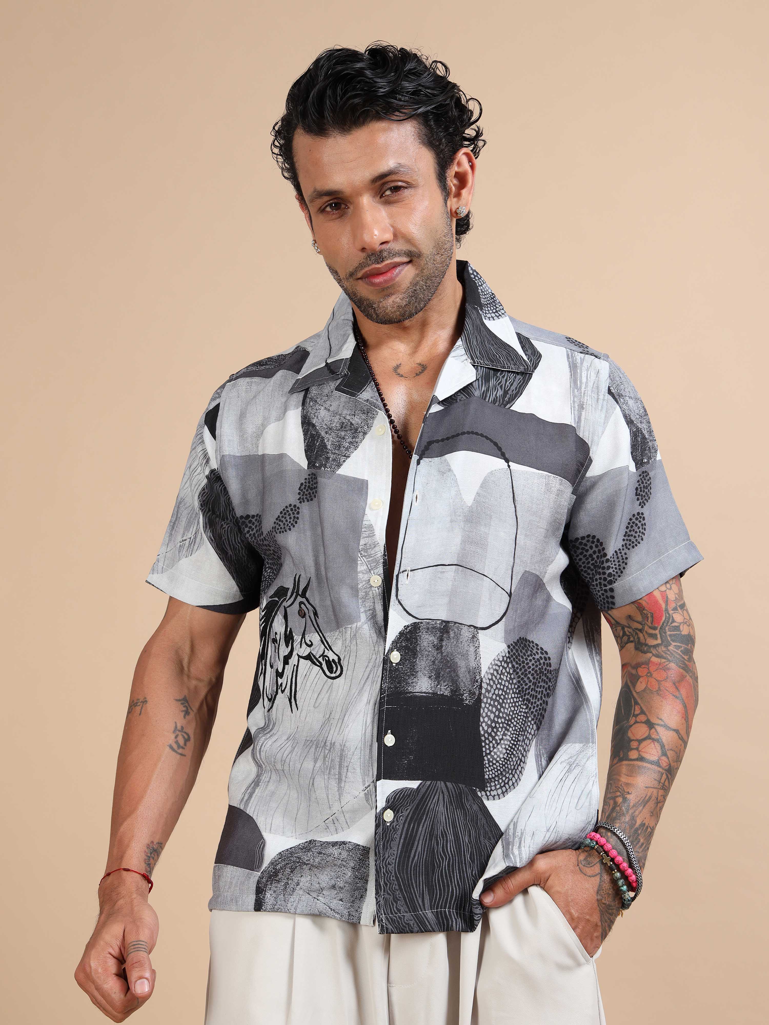 Grey Floral Printed Shirts For Men