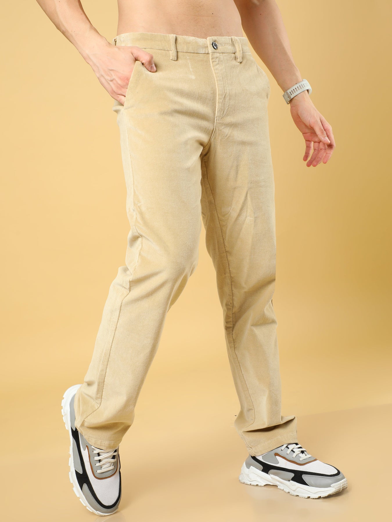 Cream extended single button forward double pleat Corduroy trousers    MRTrousers