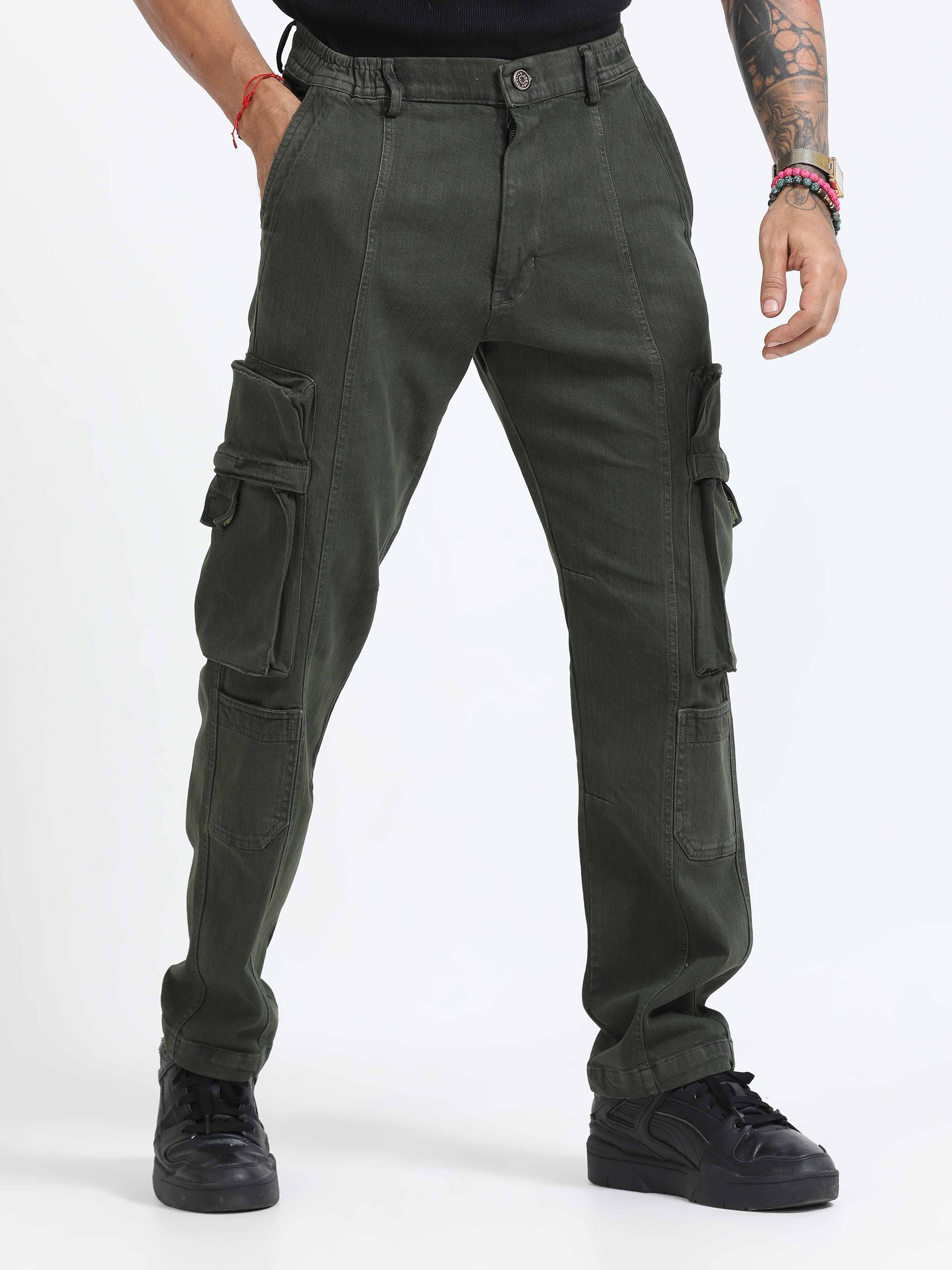 Overdyed Denim Olive Green Cargo Pants for men