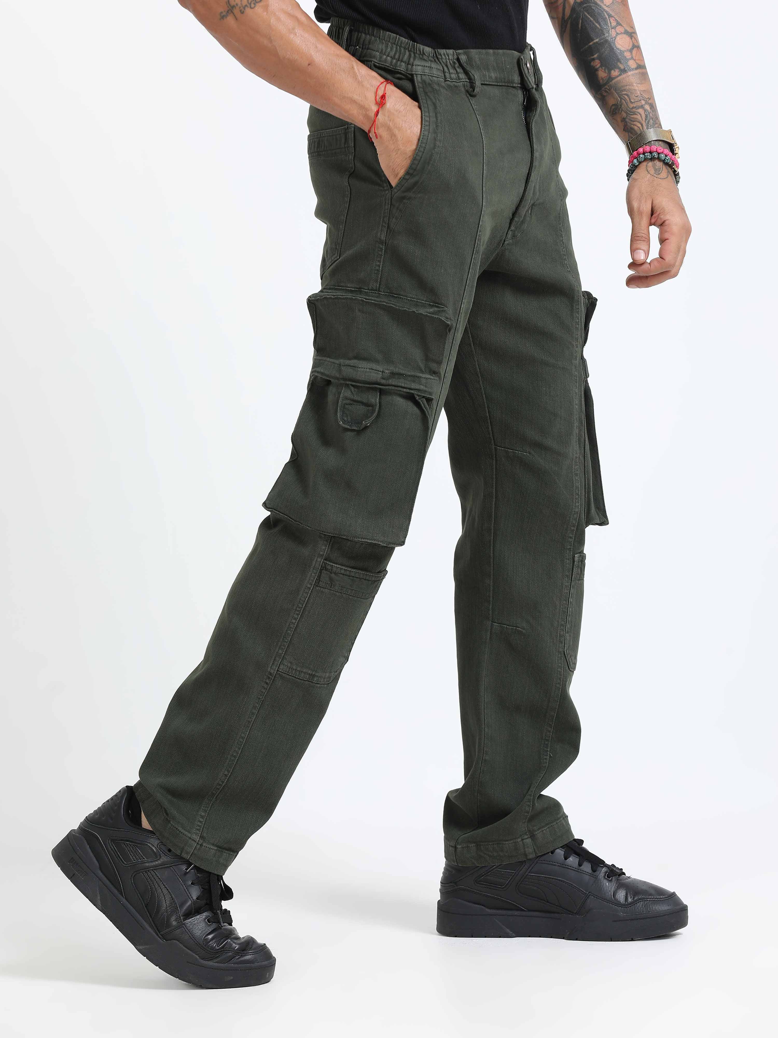 Overdyed Denim Olive Green Cargo Pants for men