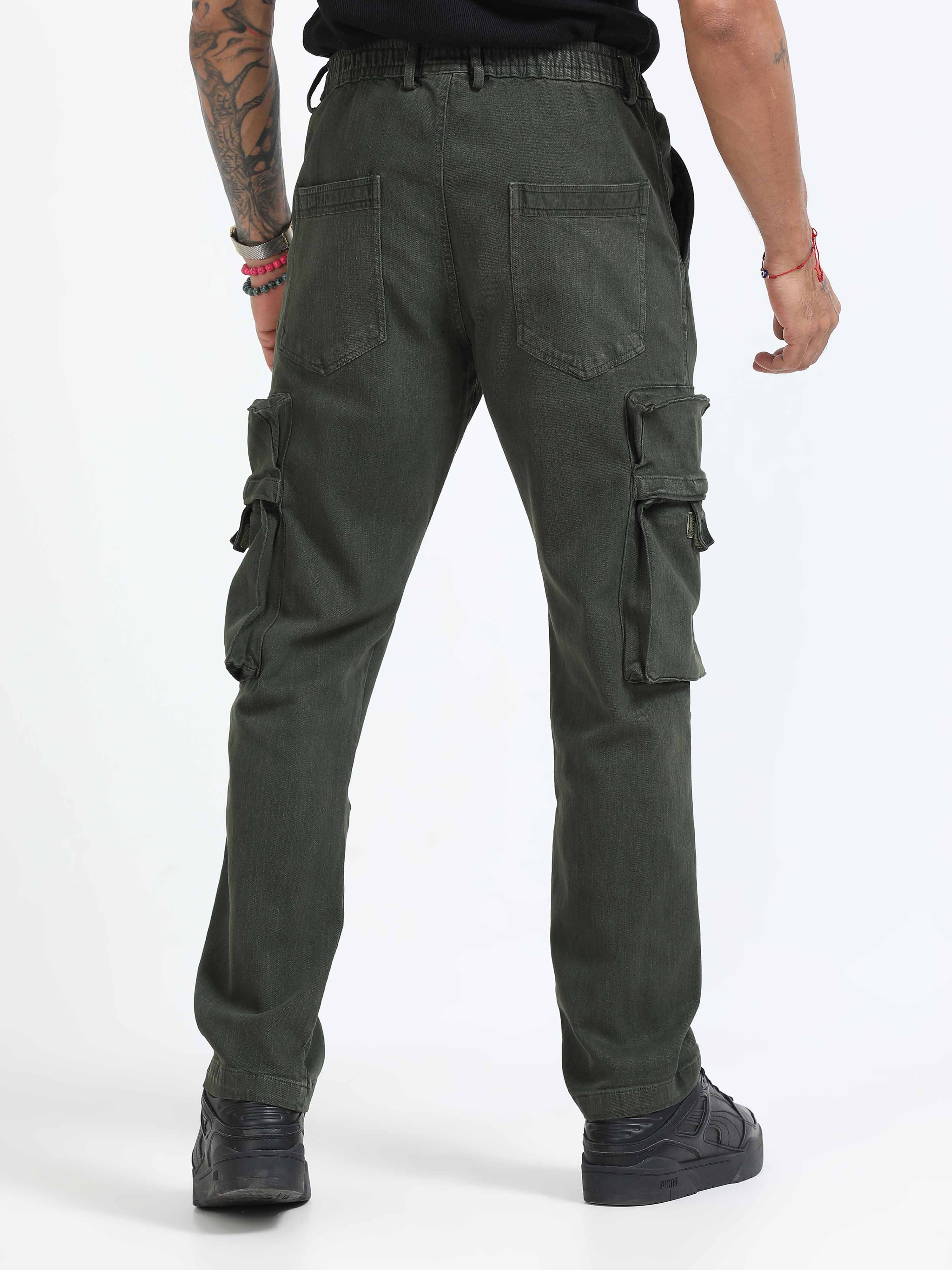 Overdyed Denim Olive Green Cargo Pants for men