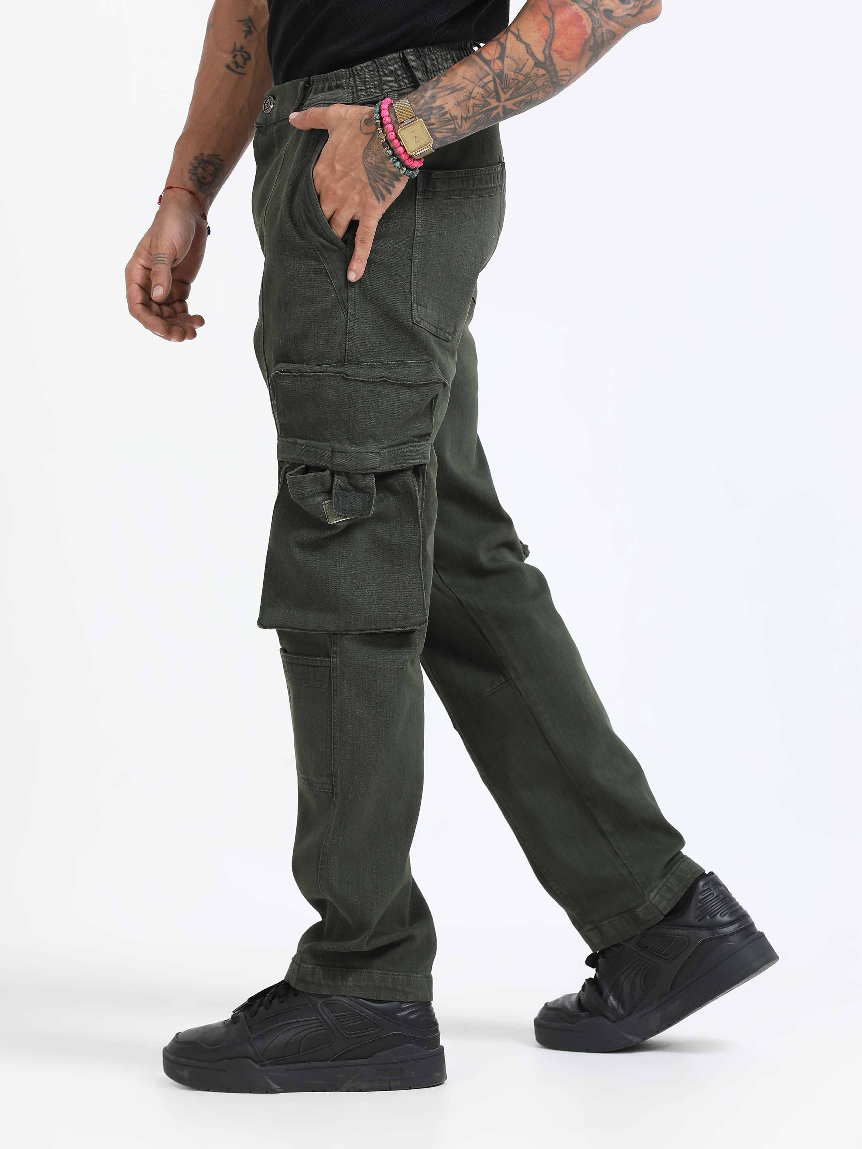 Overdyed Denim Olive Green Cargo Pants for men