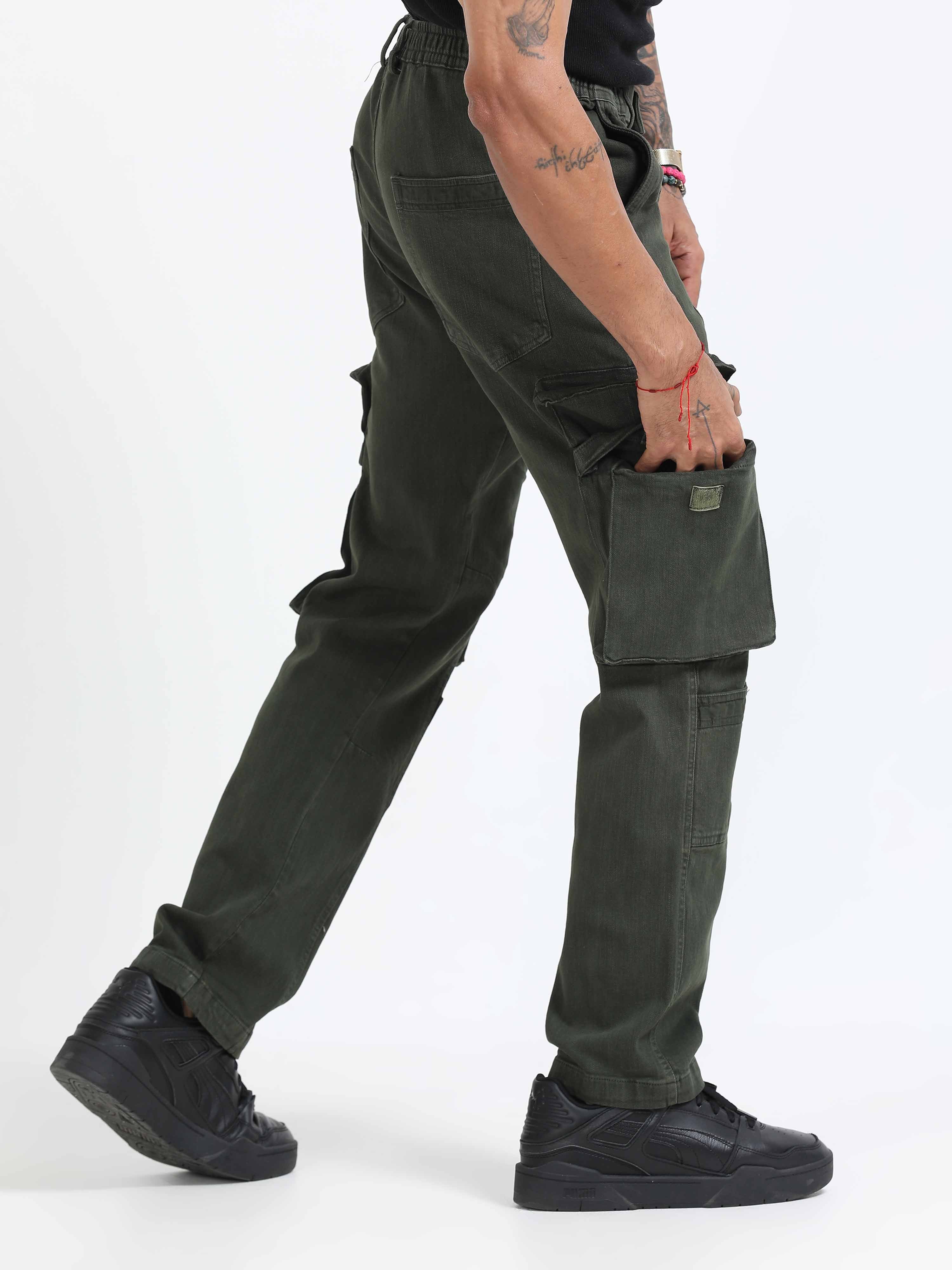 Overdyed Denim Olive Green Cargo Pants for men