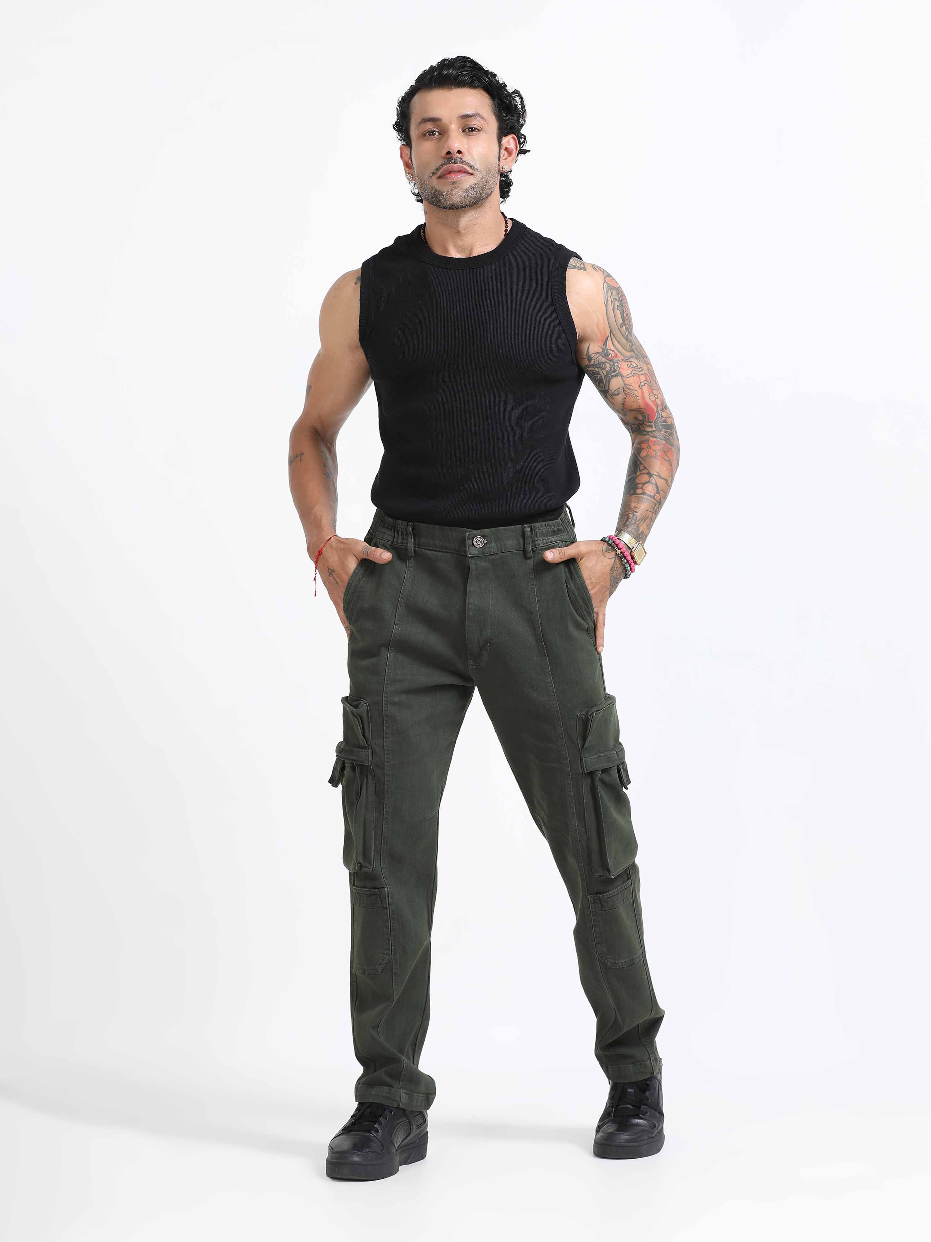 Overdyed Denim Olive Green Cargo Pants for men