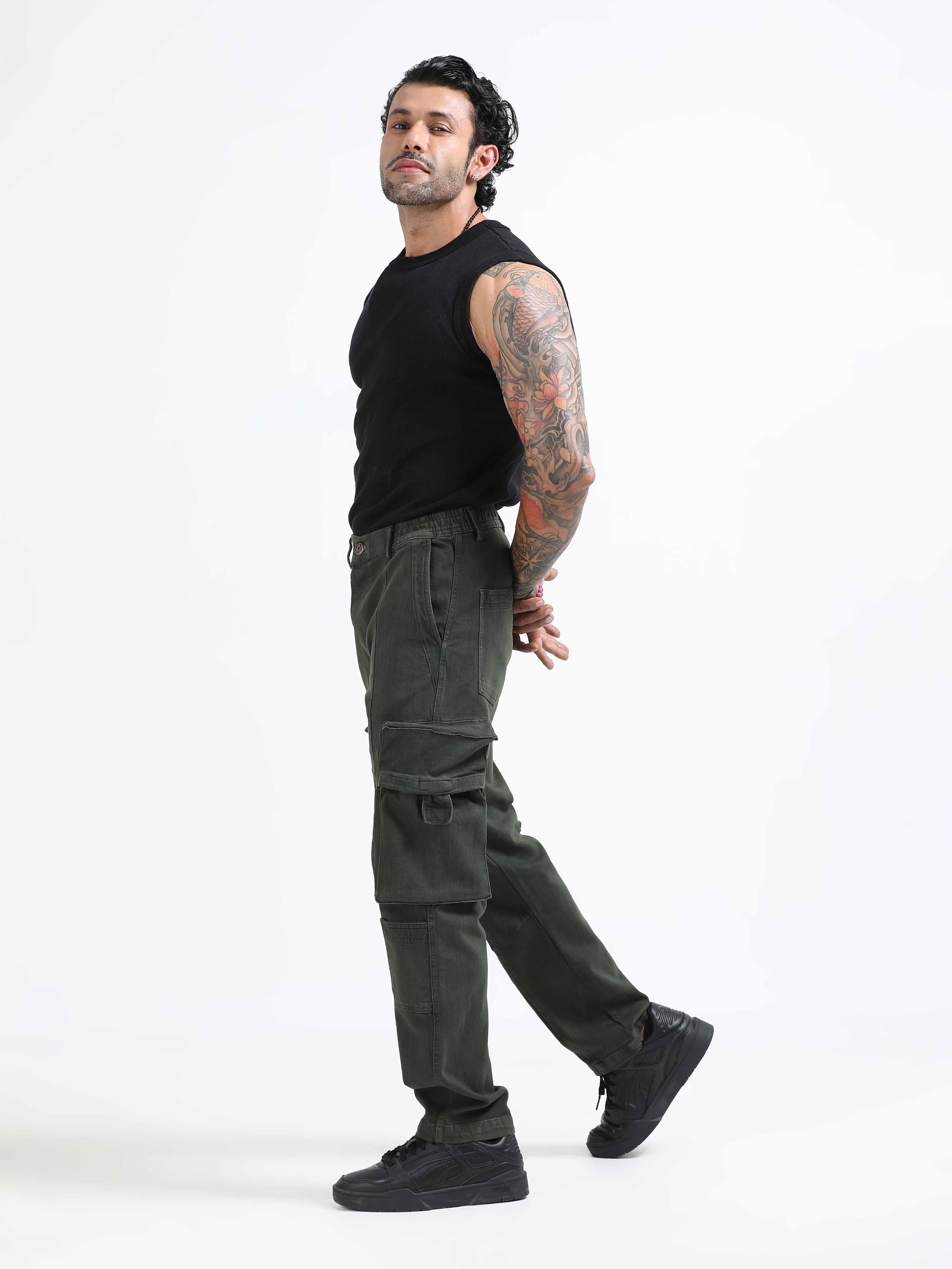 Overdyed Denim Olive Green Cargo Pants for men