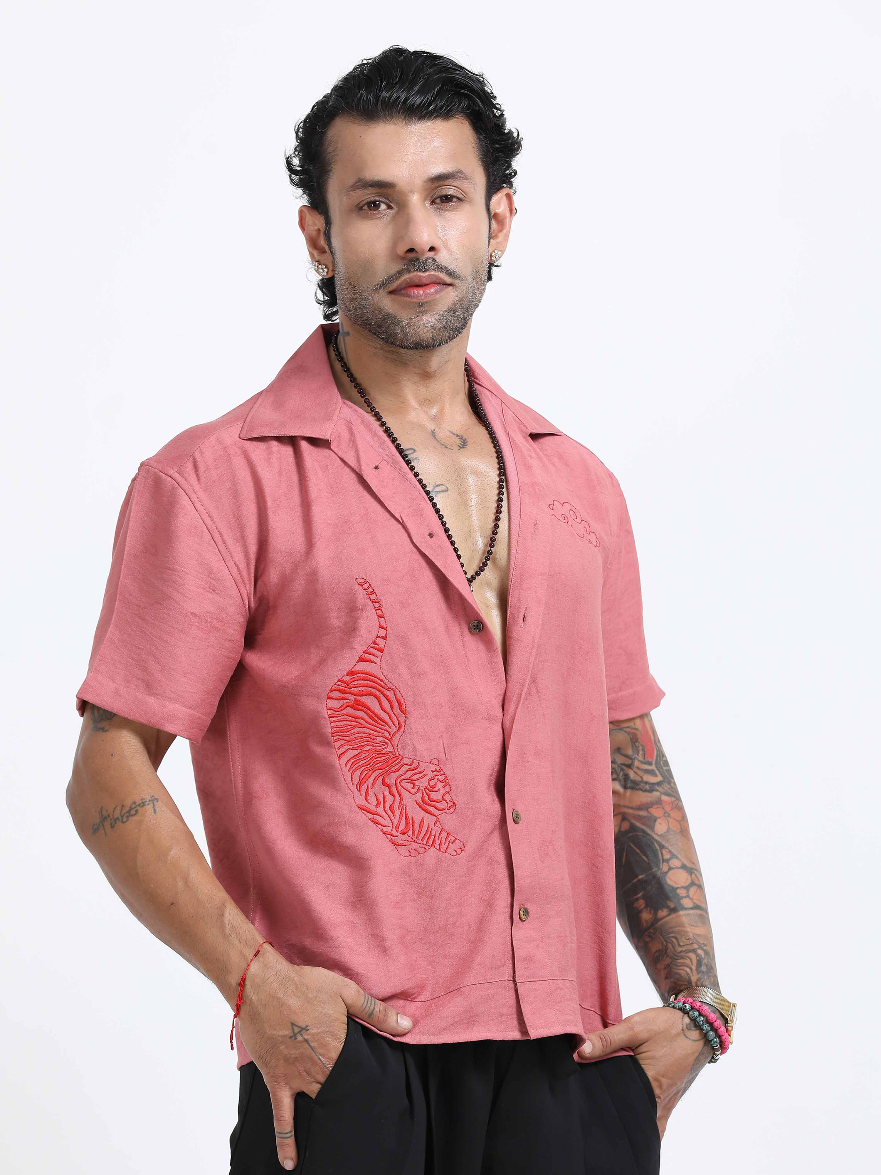 Tiger Embroidered Shirt In Pink for men