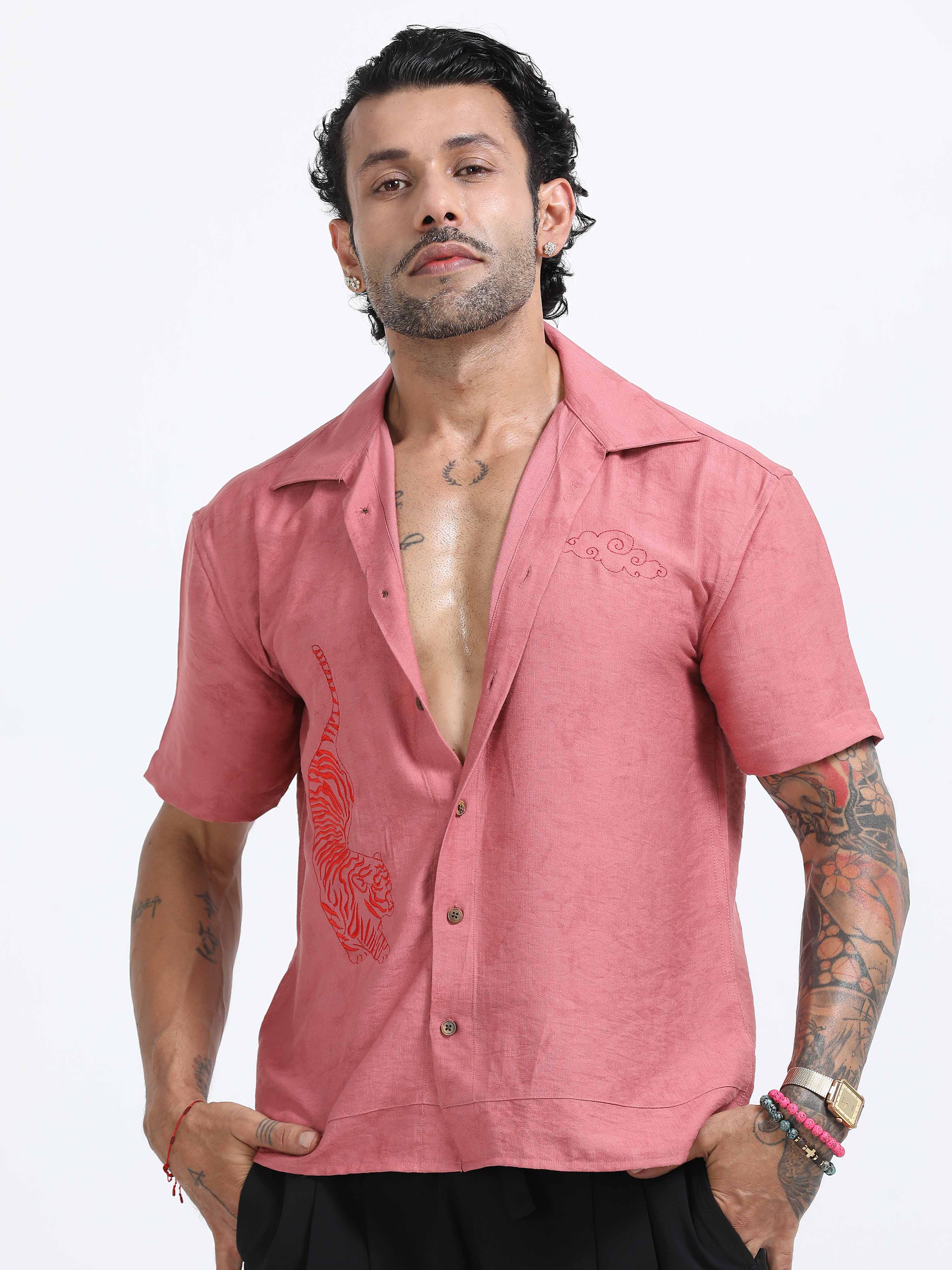 Tiger Embroidered Shirt In Pink for men