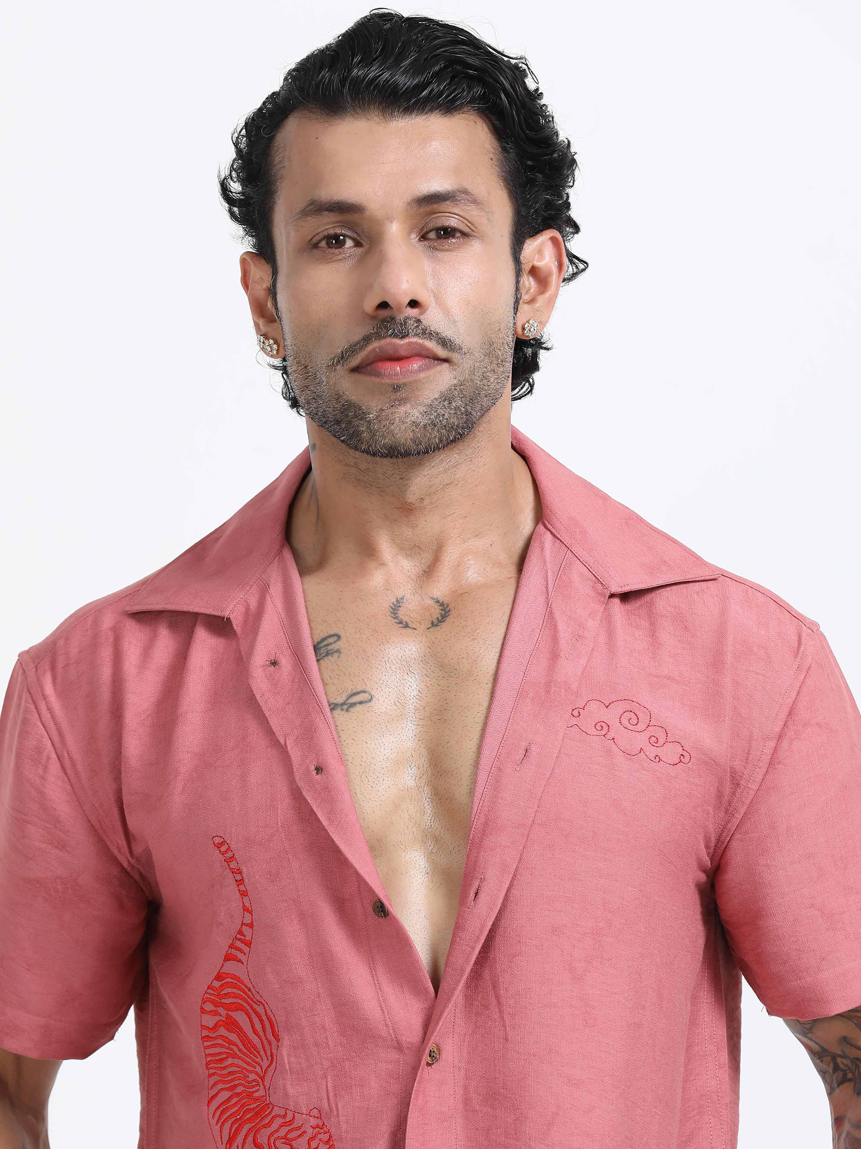 Tiger Embroidered Shirt In Pink for men