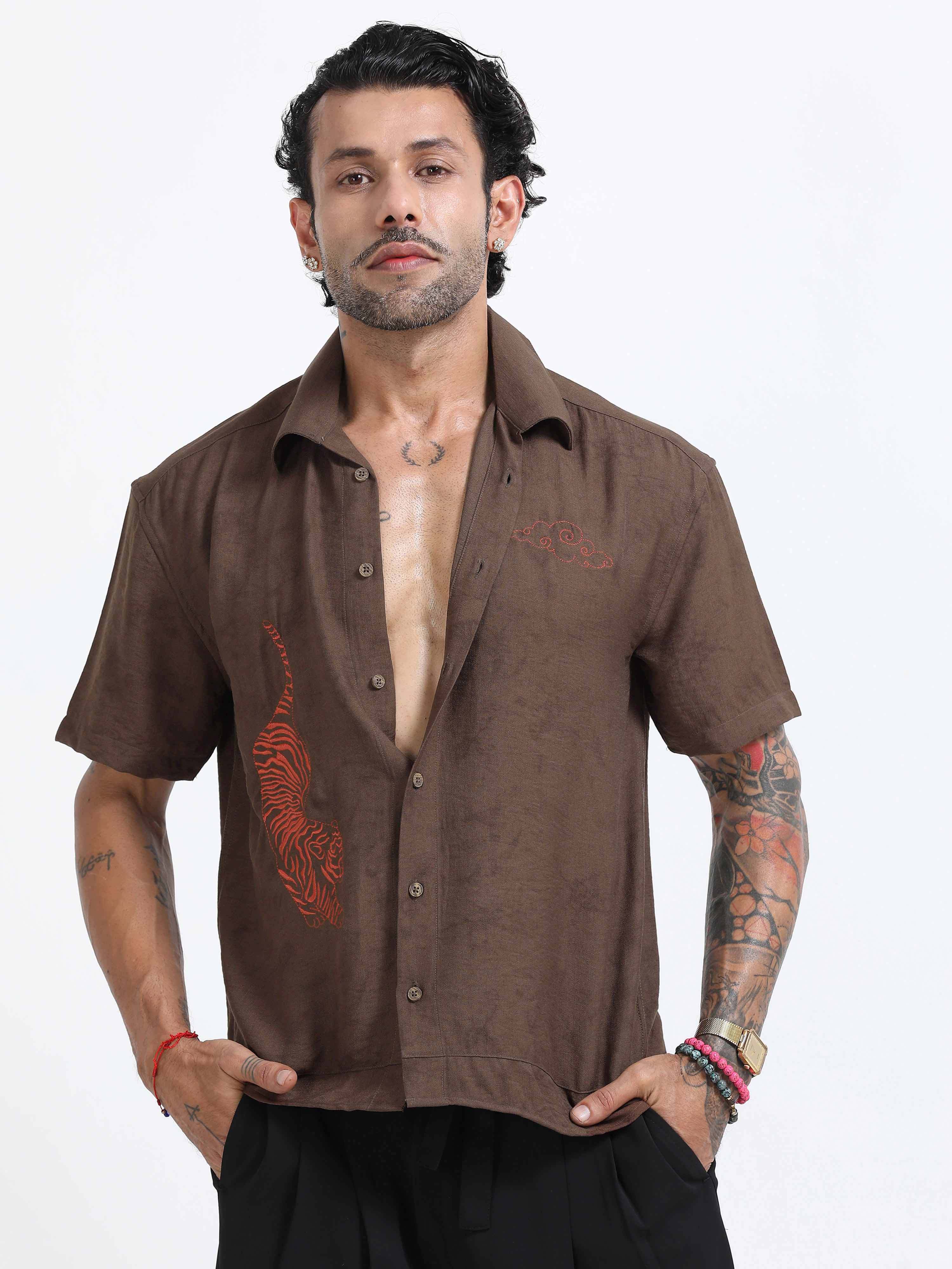 Tiger Embroidered Shirt In Brown for men