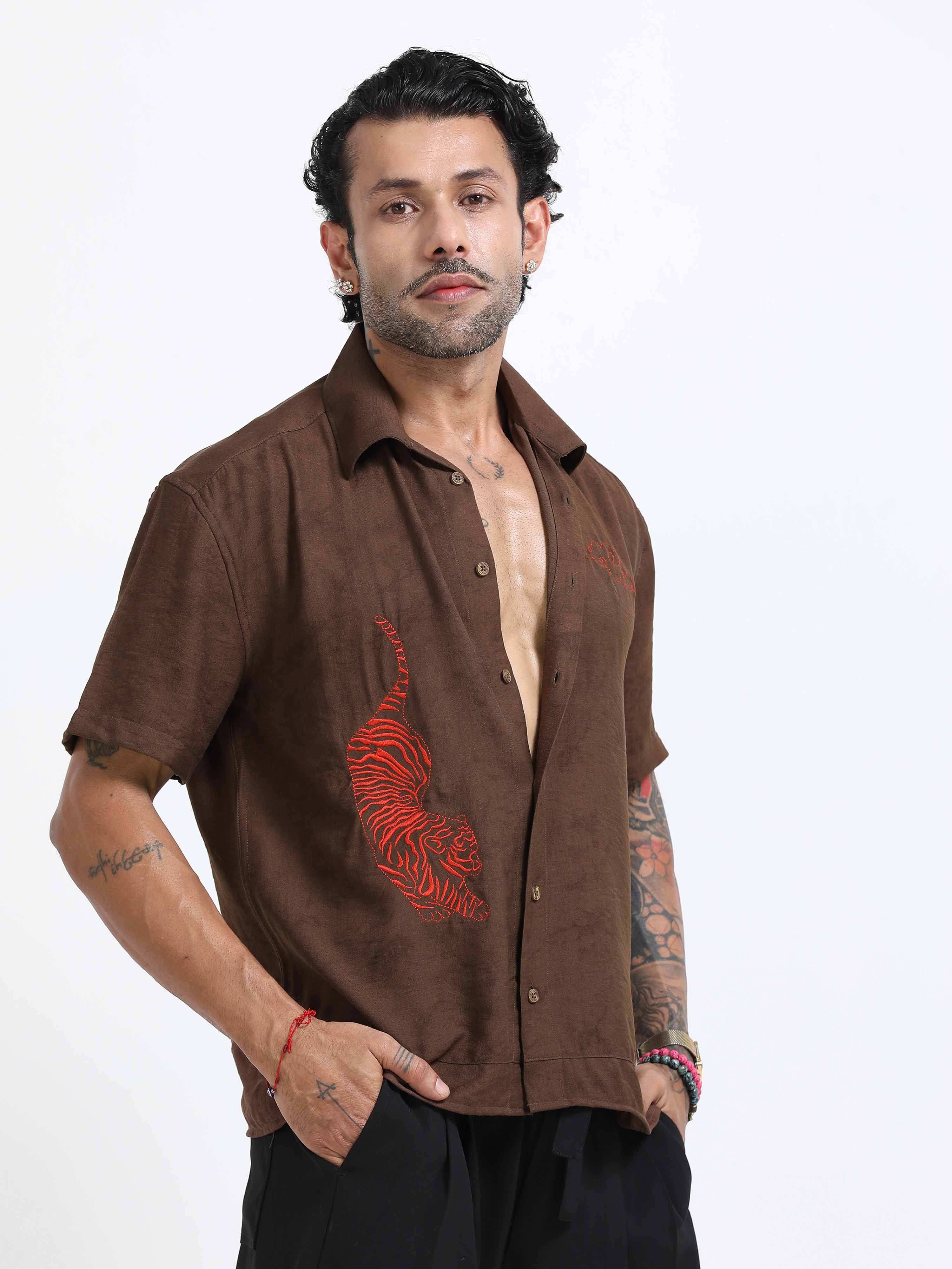 Tiger Embroidered Shirt In Brown for men