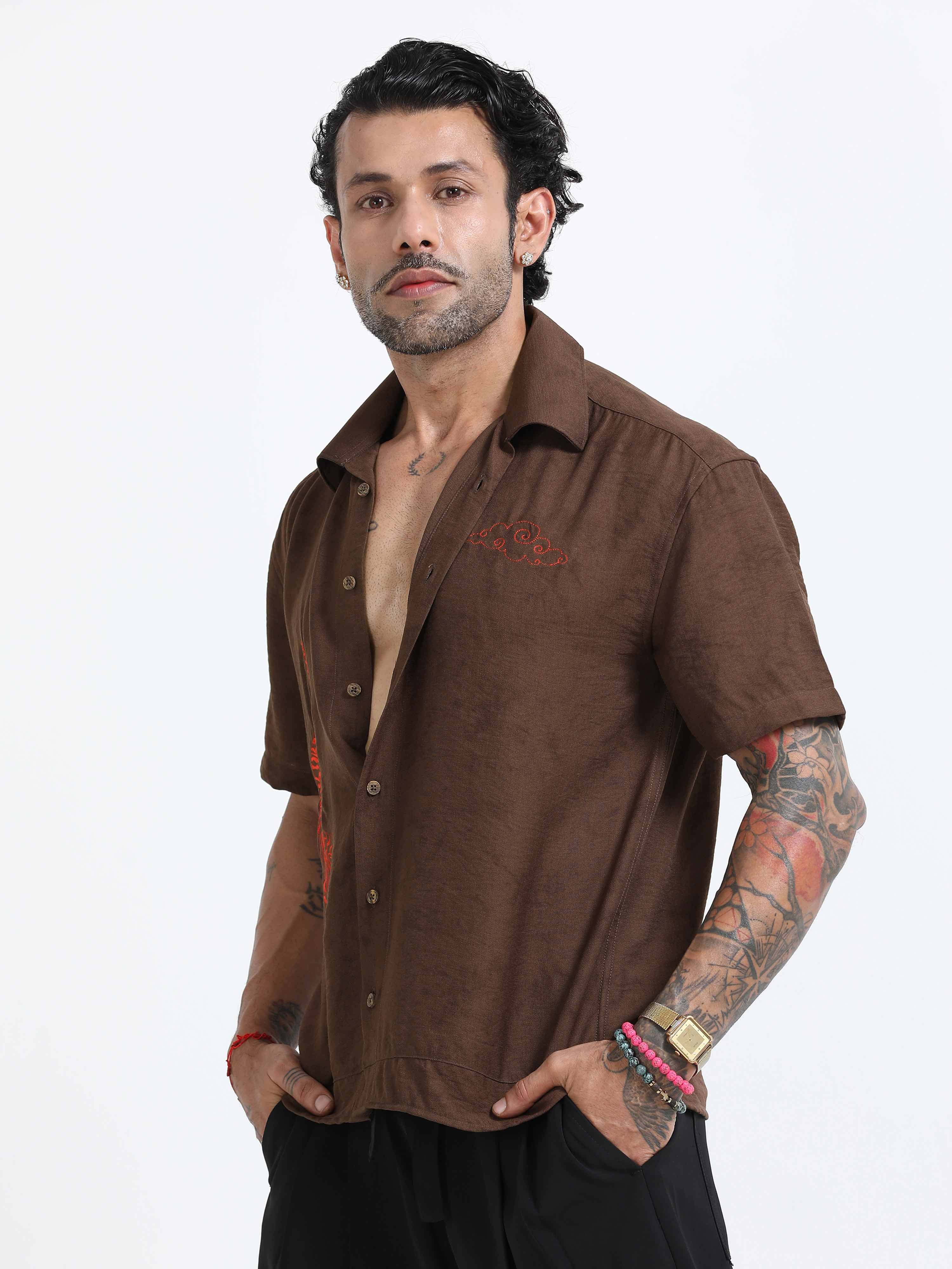 Tiger Embroidered Shirt In Brown for men