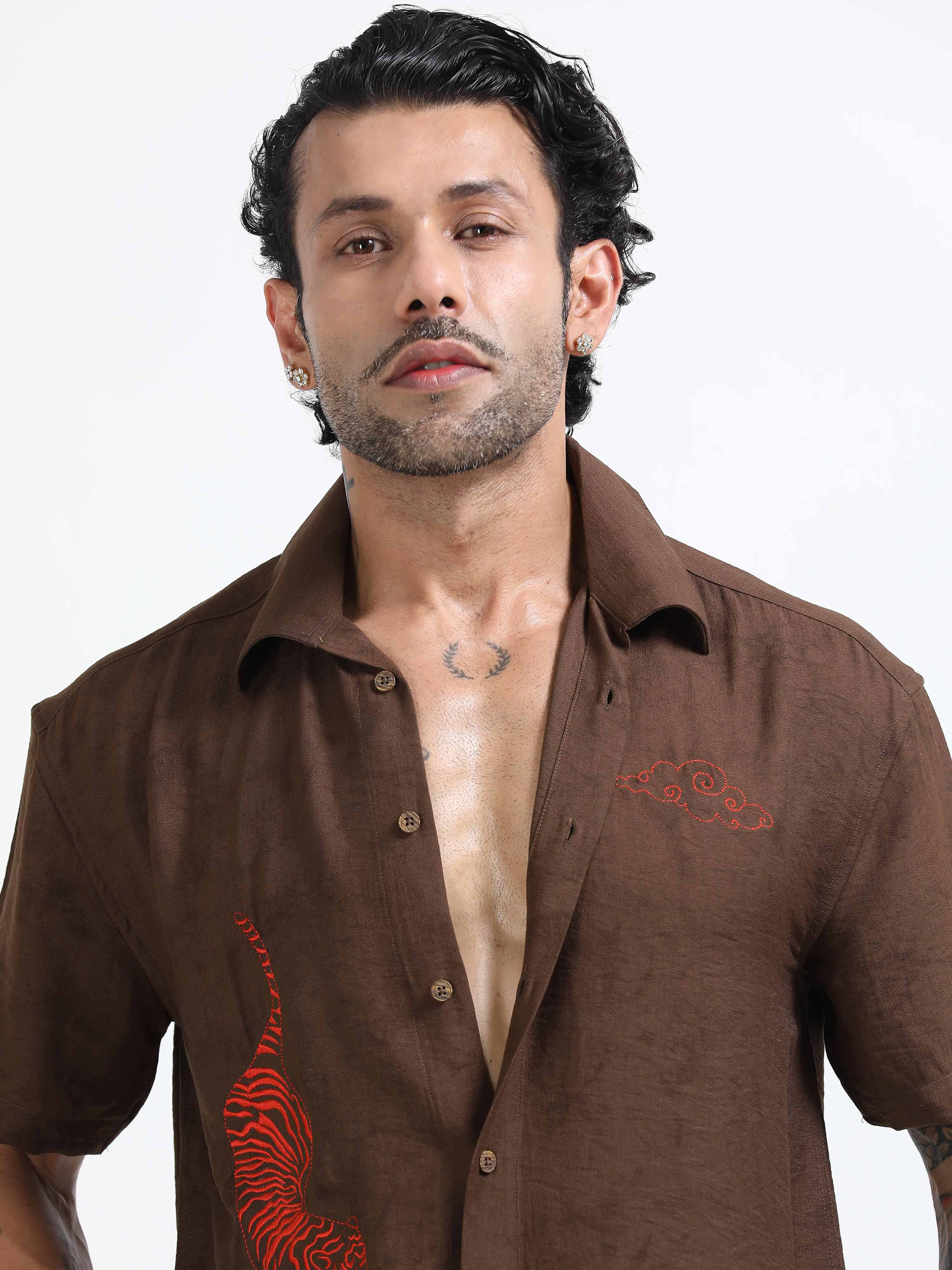 Tiger Embroidered Shirt In Brown for men