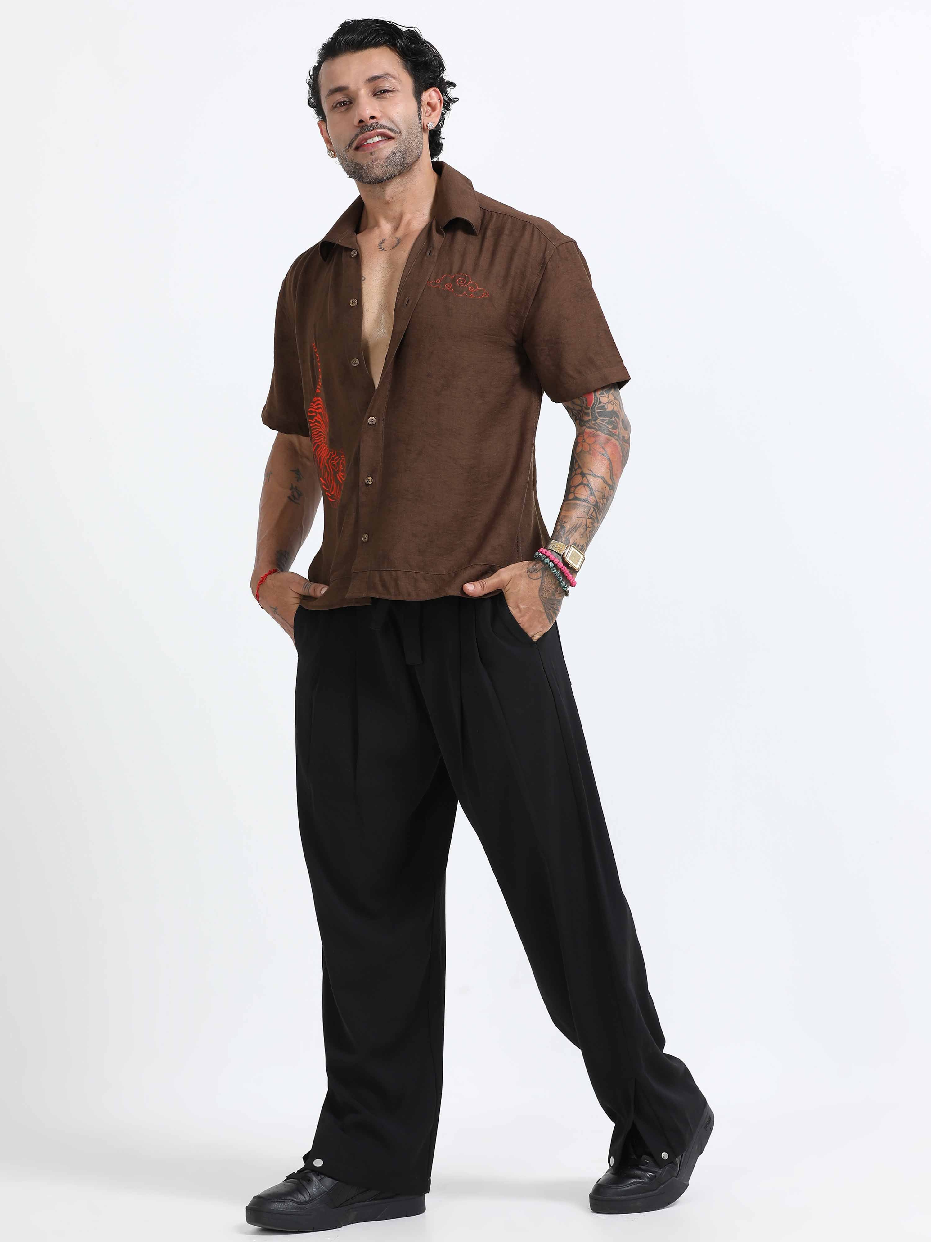 Tiger Embroidered Shirt In Brown for men