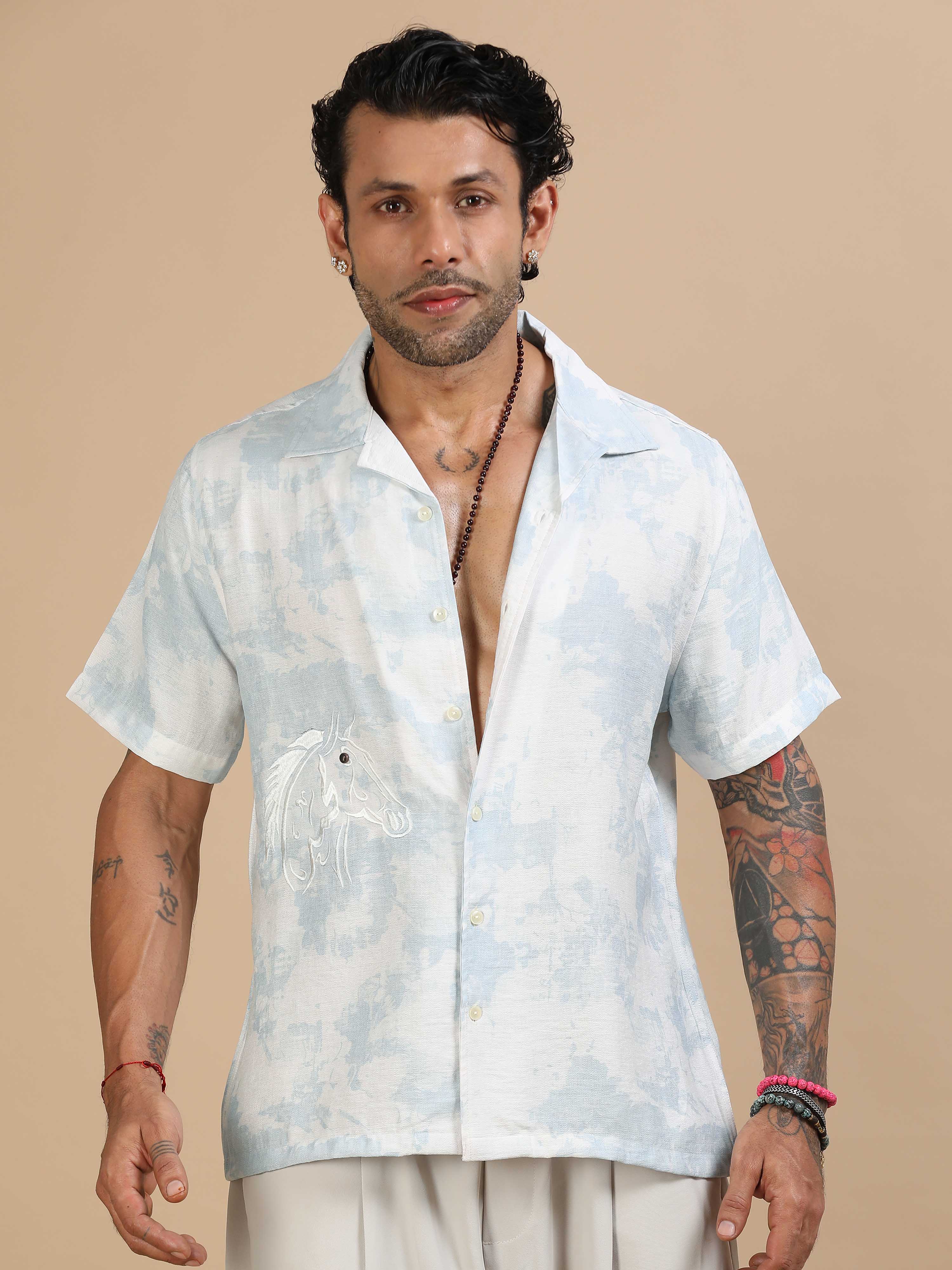 Half Sleeve Cloud Printed Shirt In Light Blue For Men