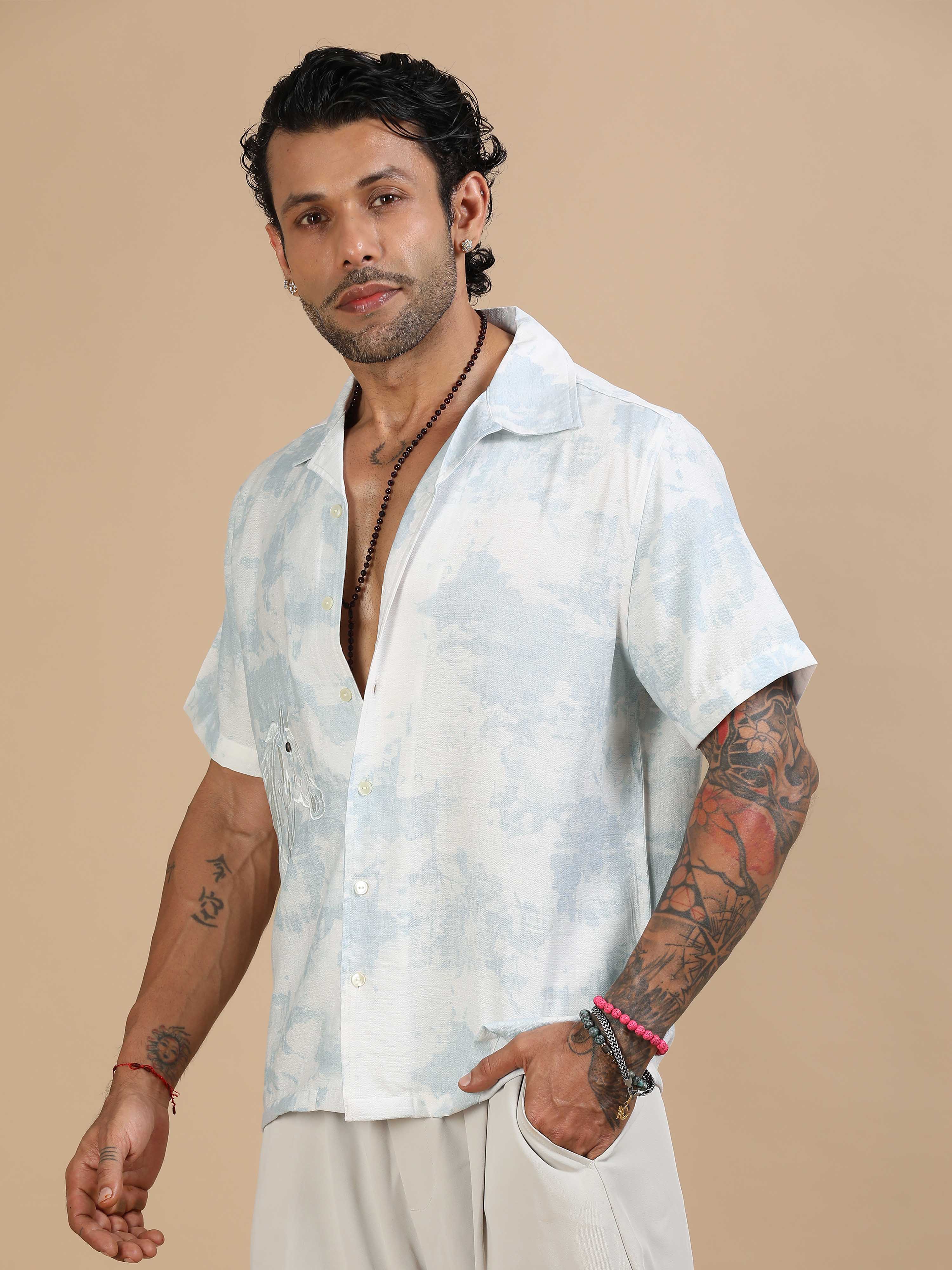 Half Sleeve Cloud Printed Shirt In Light Blue For Men