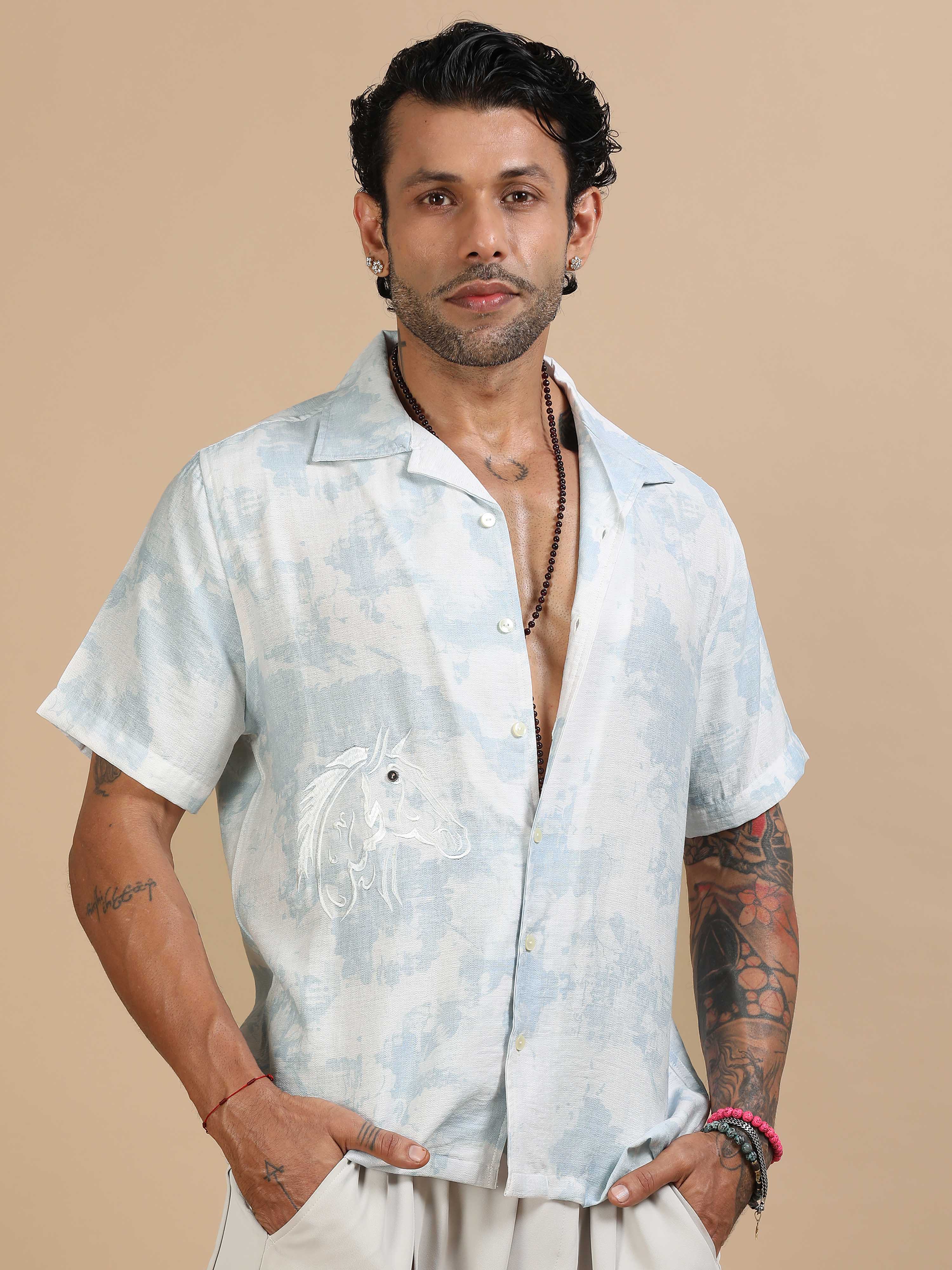 Half Sleeve Cloud Printed Shirt In Light Blue For Men