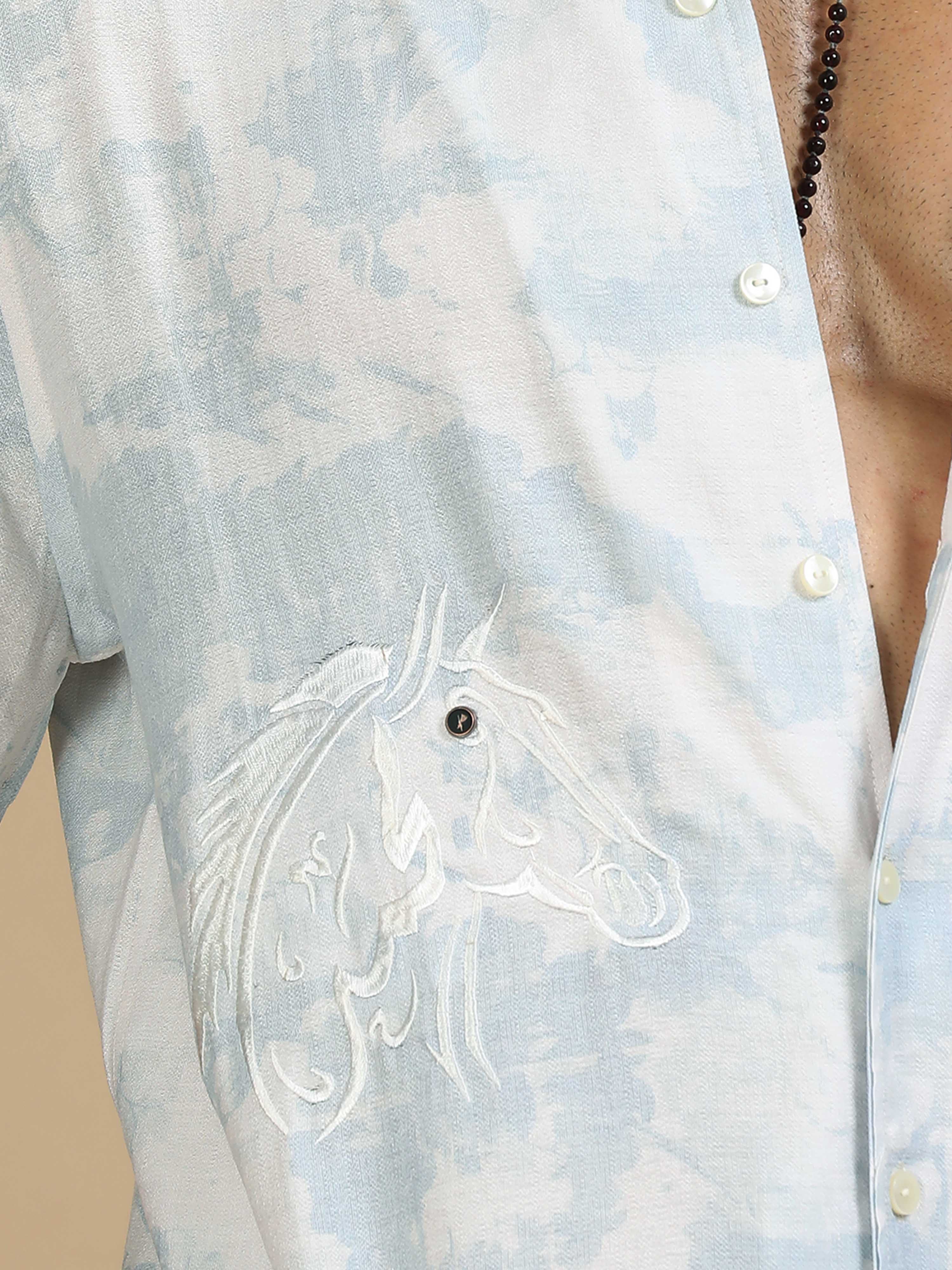 Half Sleeve Cloud Printed Shirt In Light Blue For Men