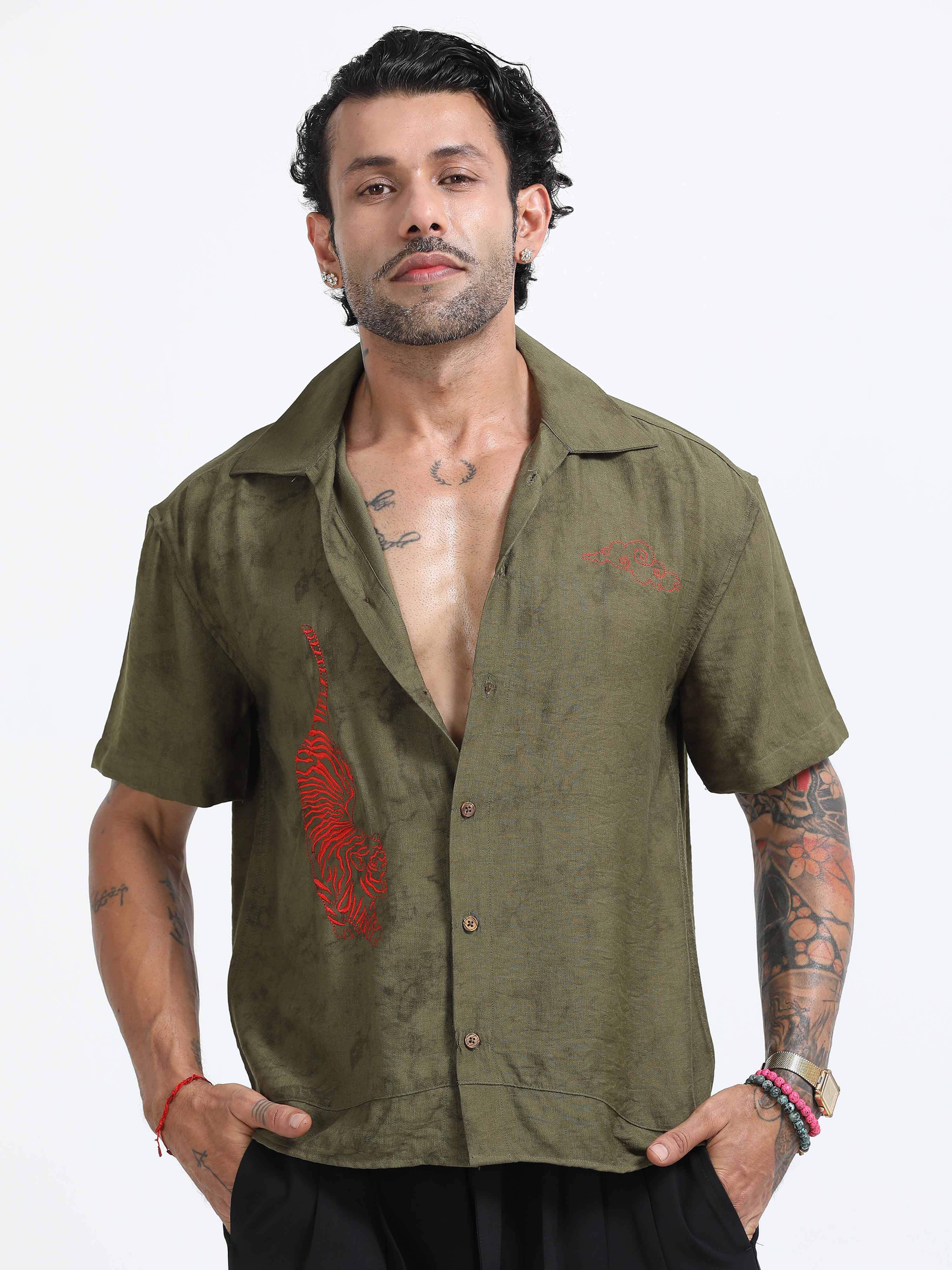 Tiger Embroidered Shirt In Olive Green for men