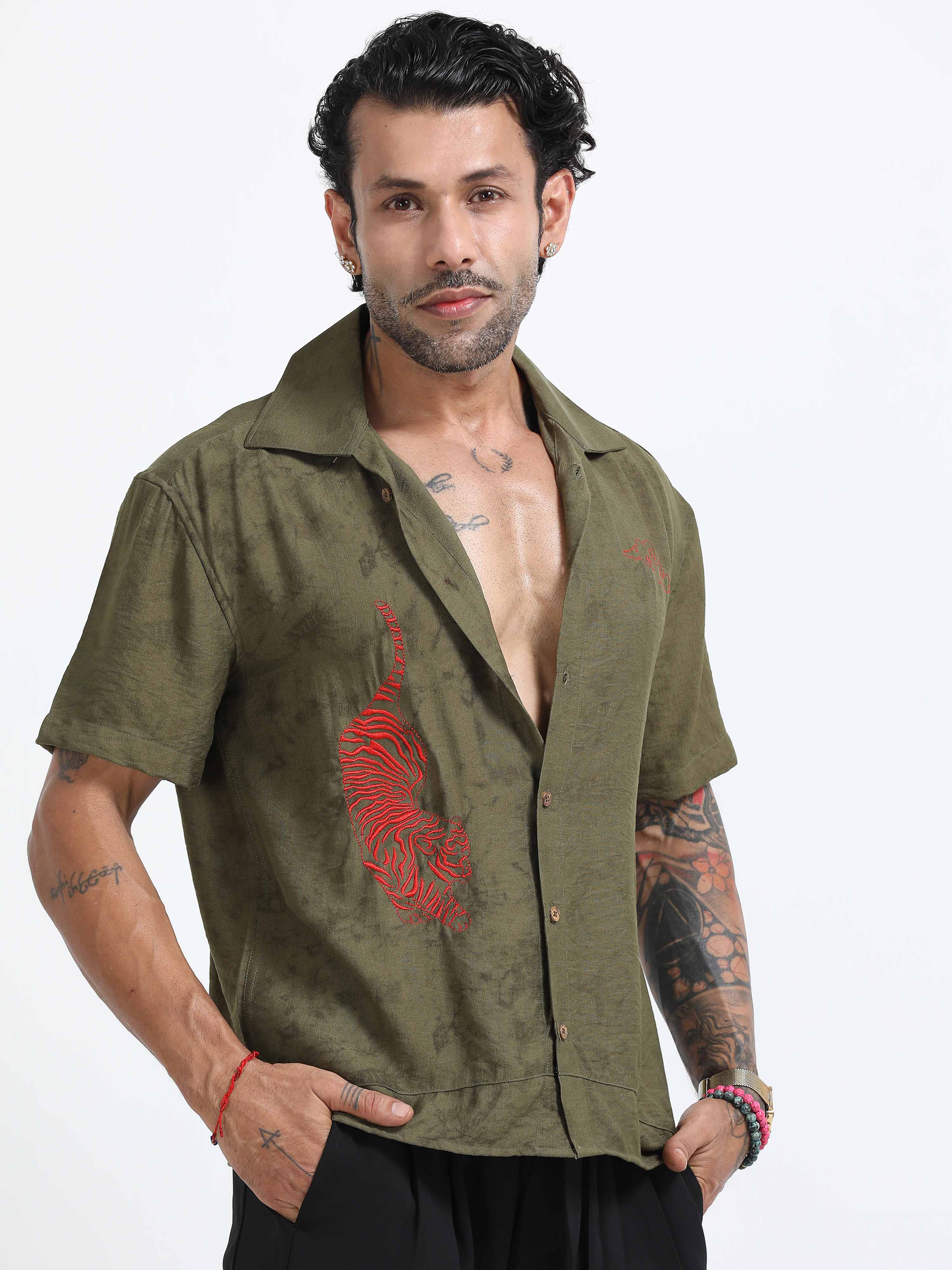 Tiger Embroidered Shirt In Olive Green for men