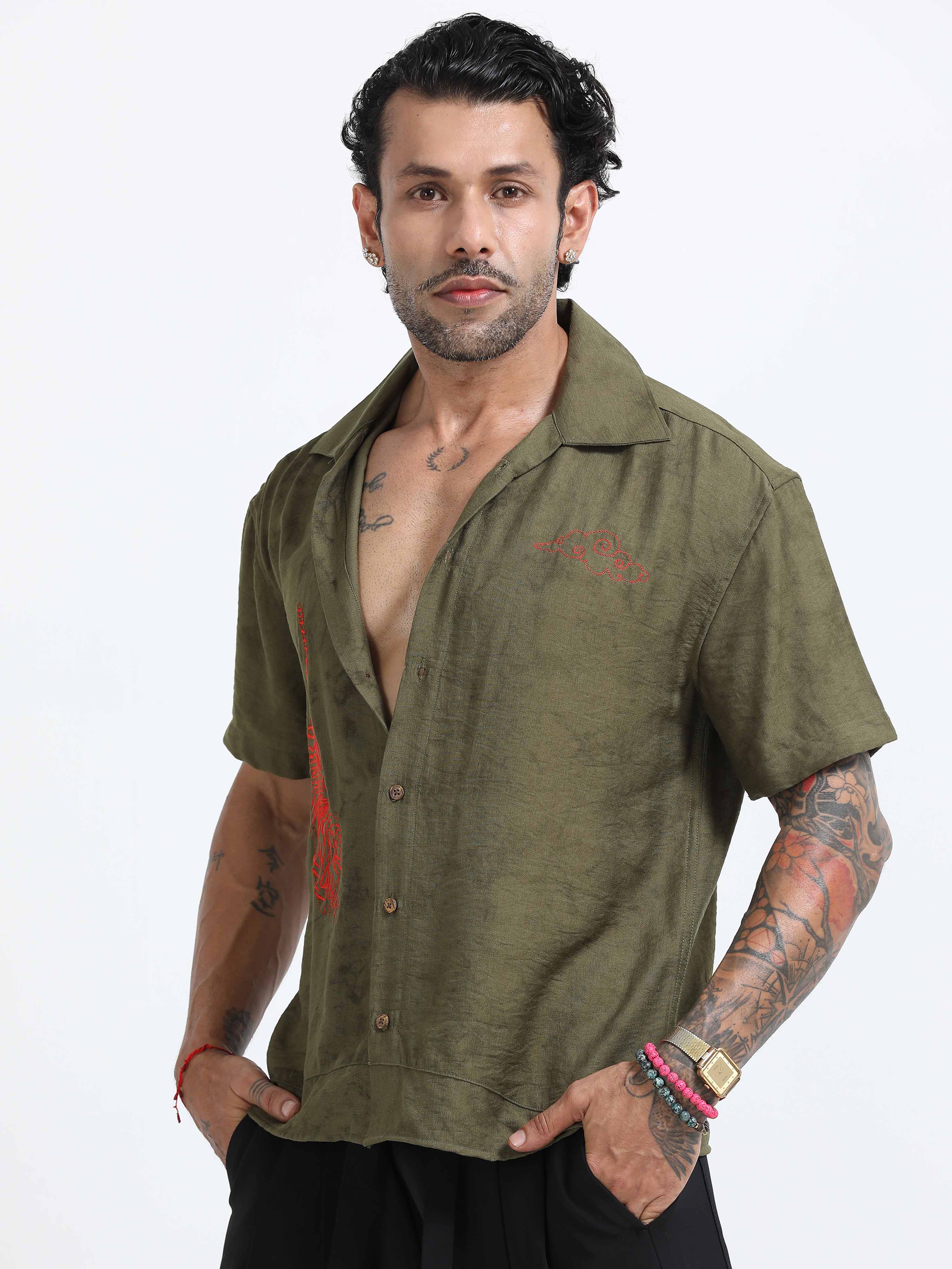 Tiger Embroidered Shirt In Olive Green for men