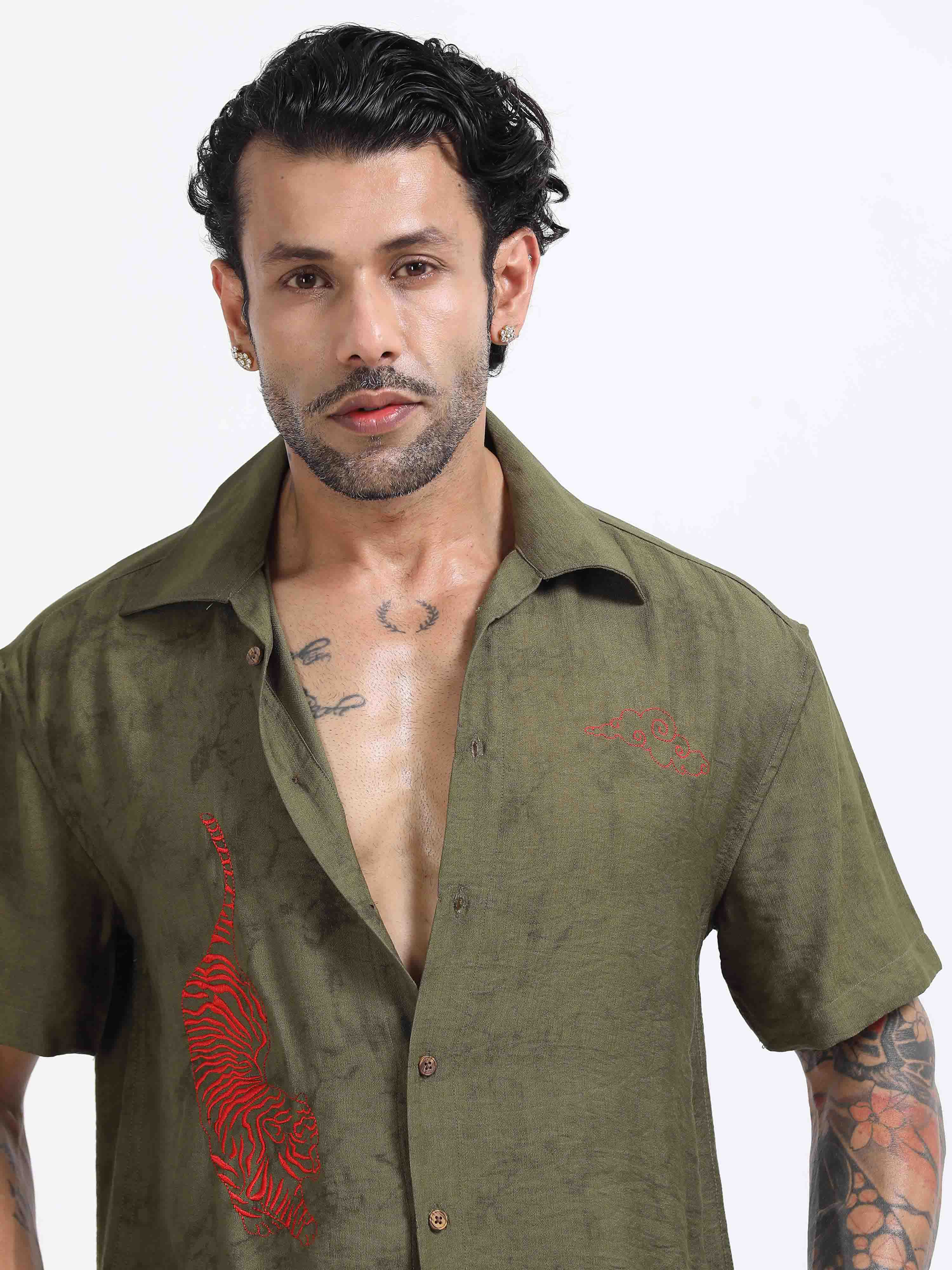 Tiger Embroidered Shirt In Olive Green for men