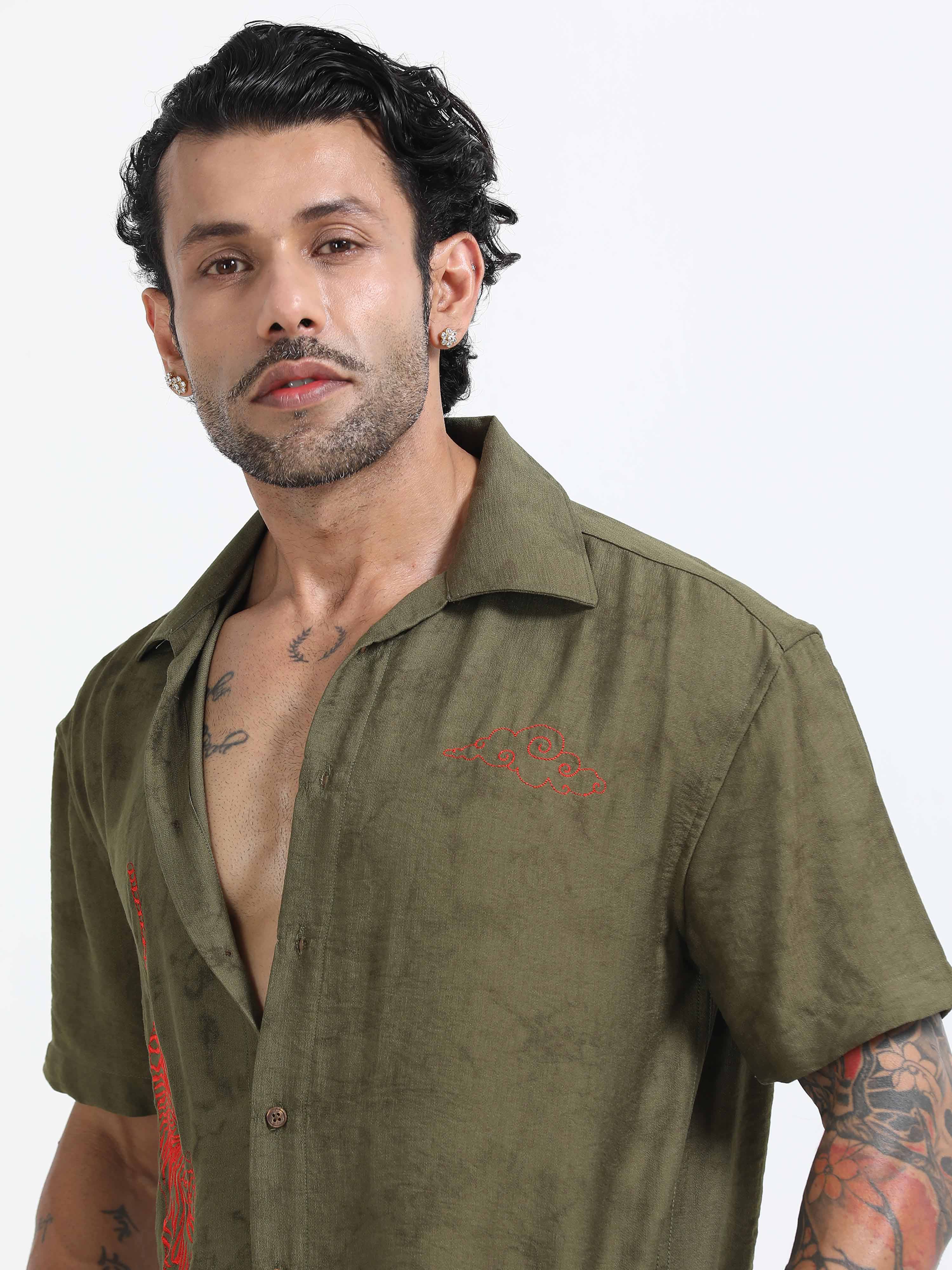 Tiger Embroidered Shirt In Olive Green for men