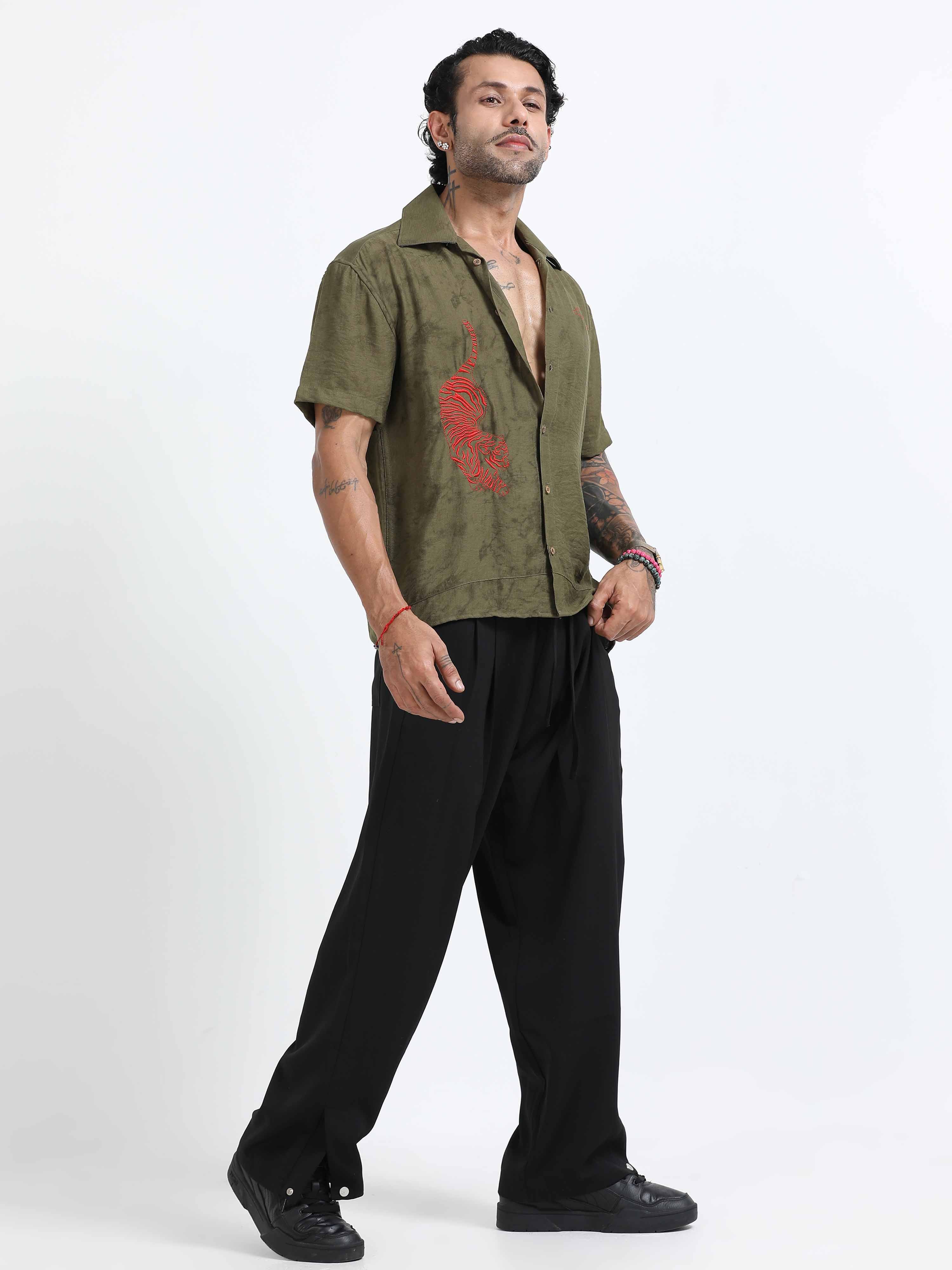 Tiger Embroidered Shirt In Olive Green for men