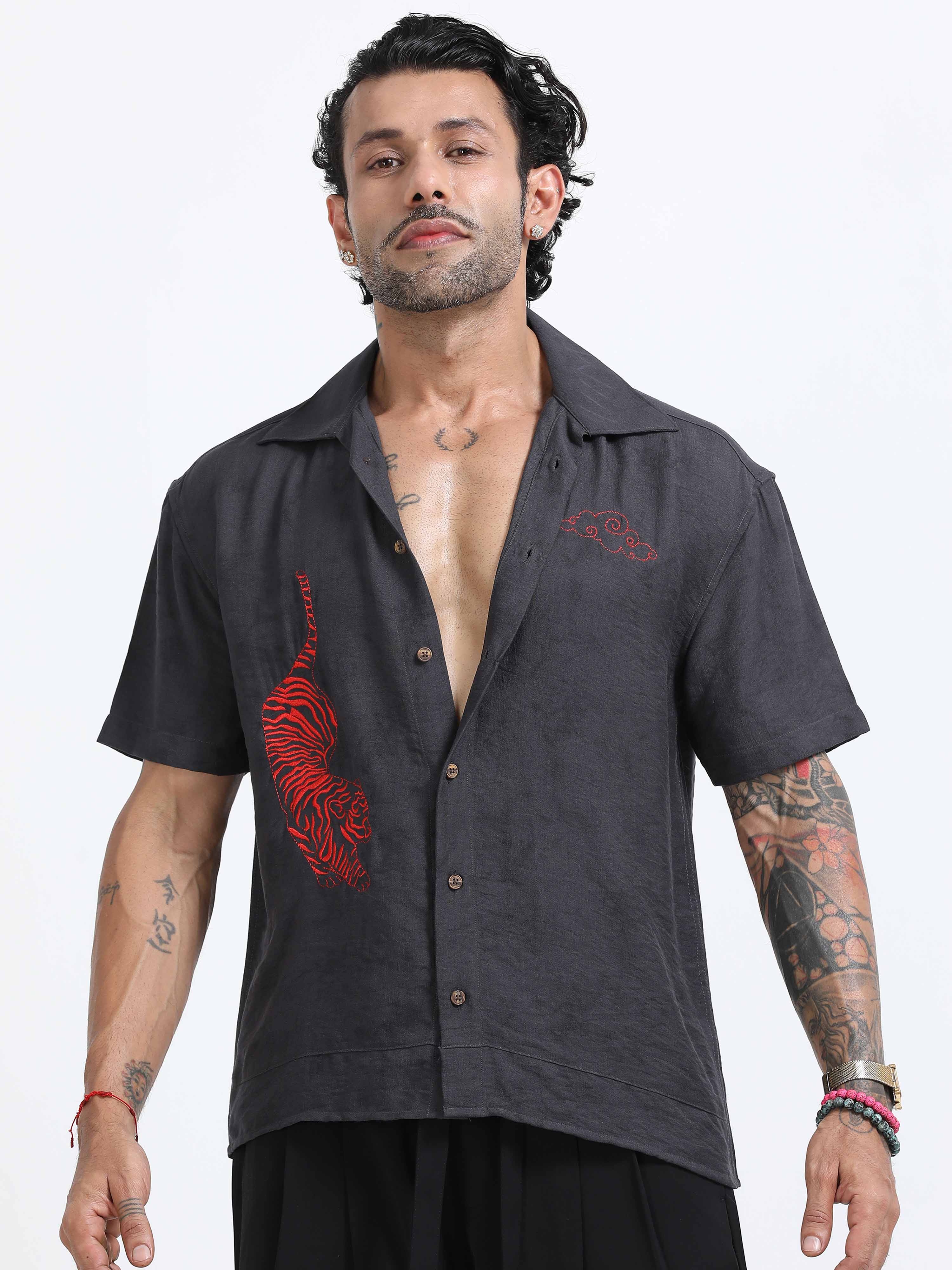 Tiger Embroidered Shirt In Dark Grey for men