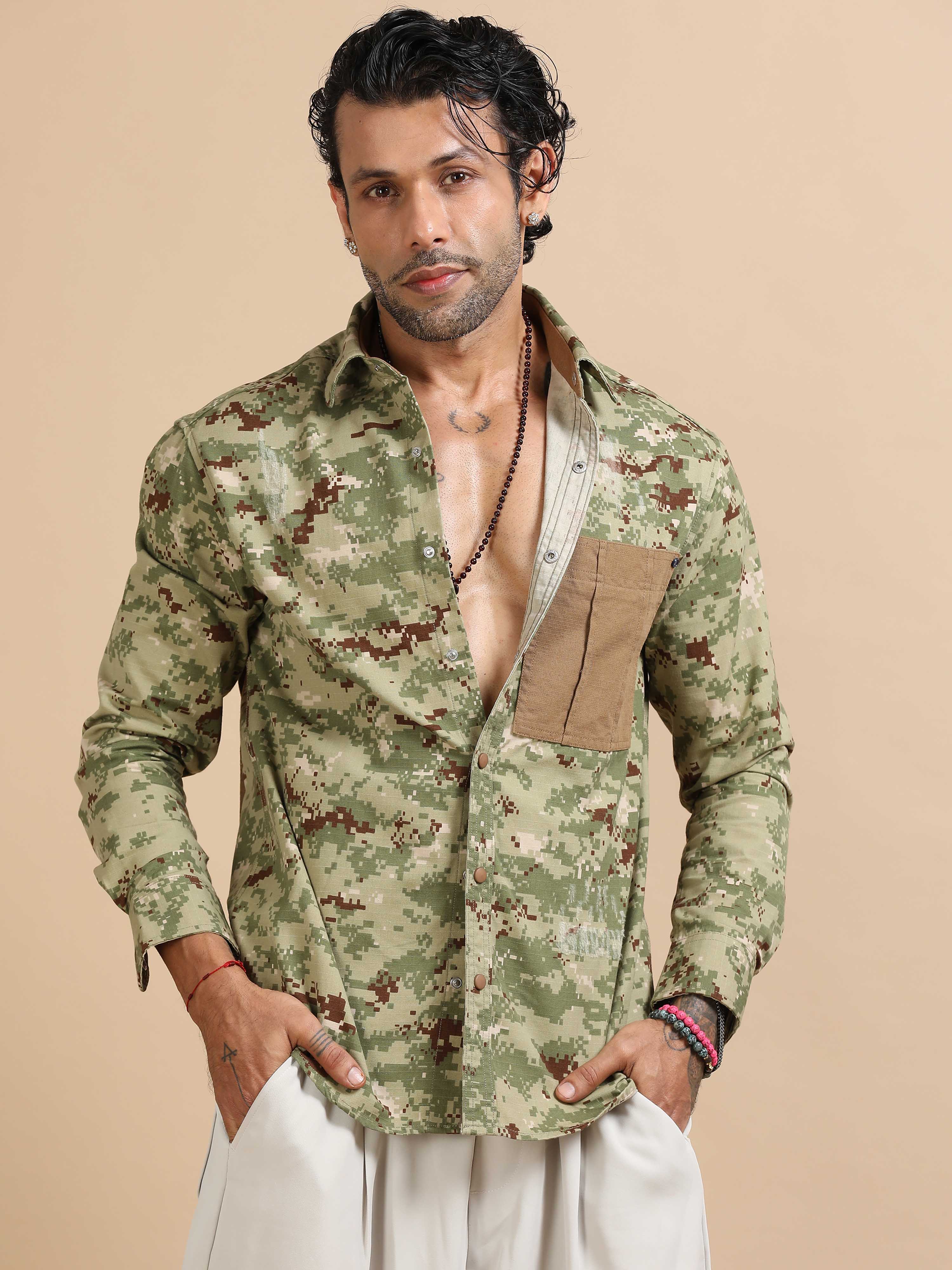 Camo Shirt In Green for Men with Pocket with dragon embroidery