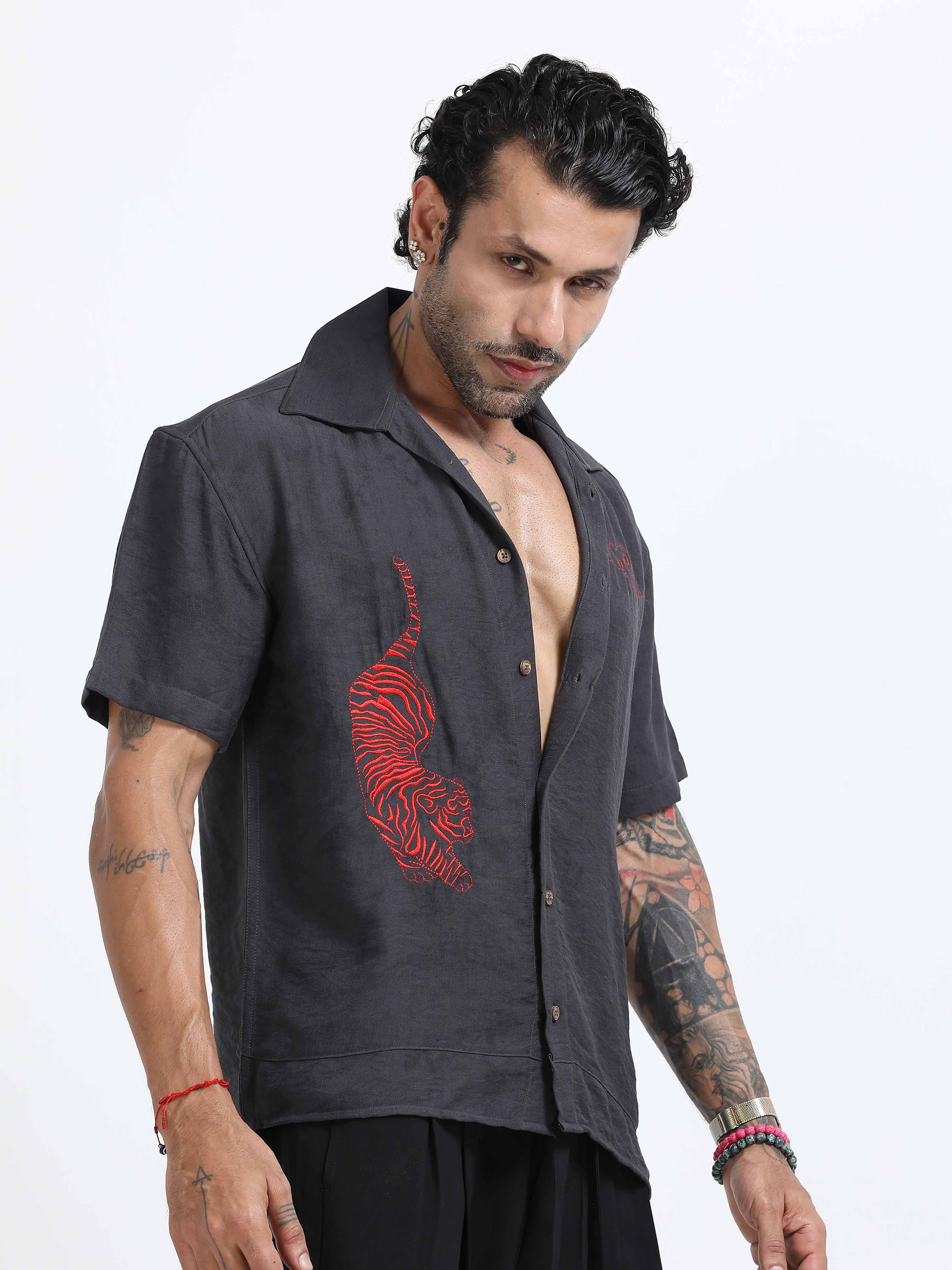 Tiger Embroidered Shirt In Dark Grey for men