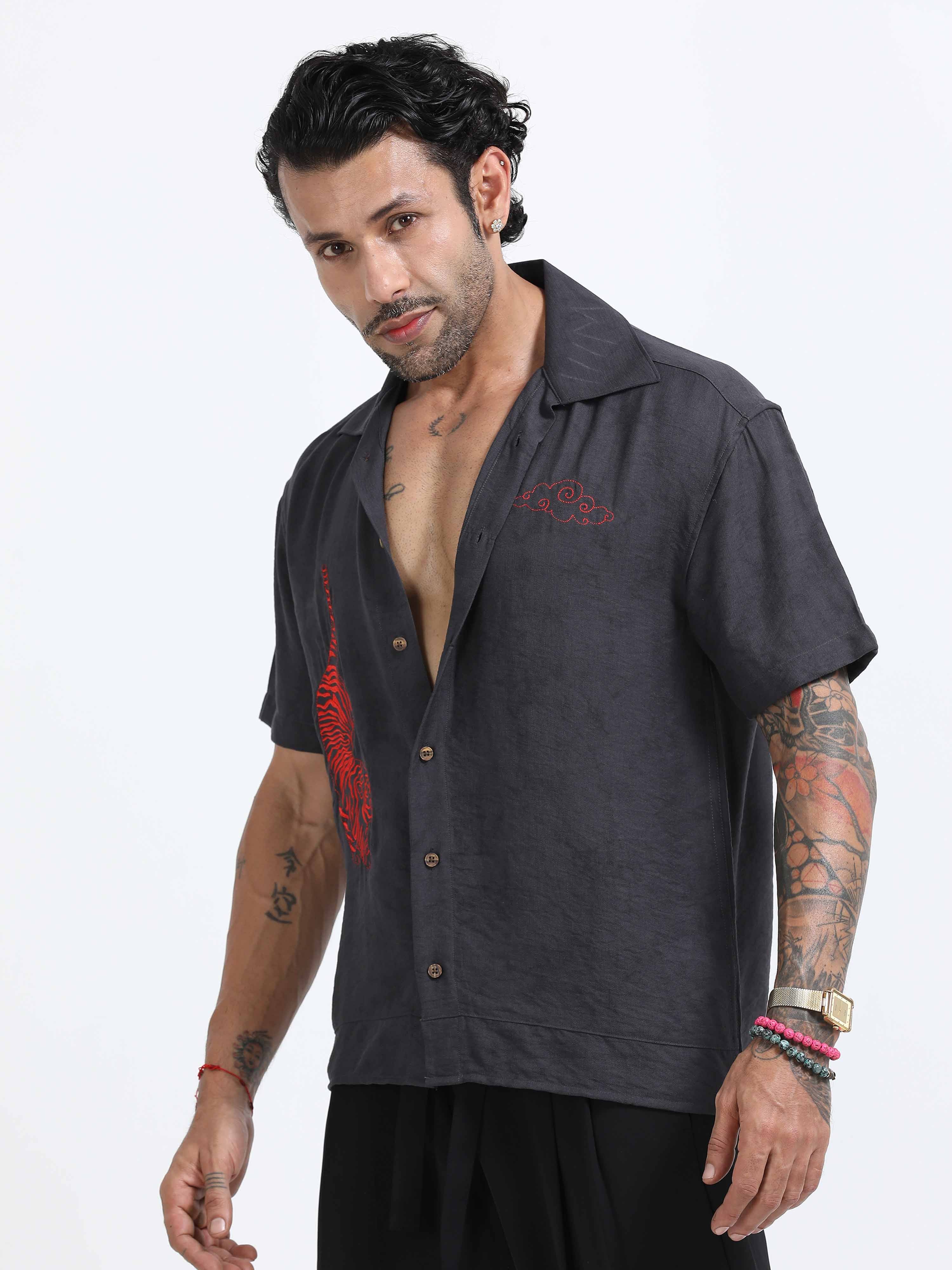 Tiger Embroidered Shirt In Dark Grey for men