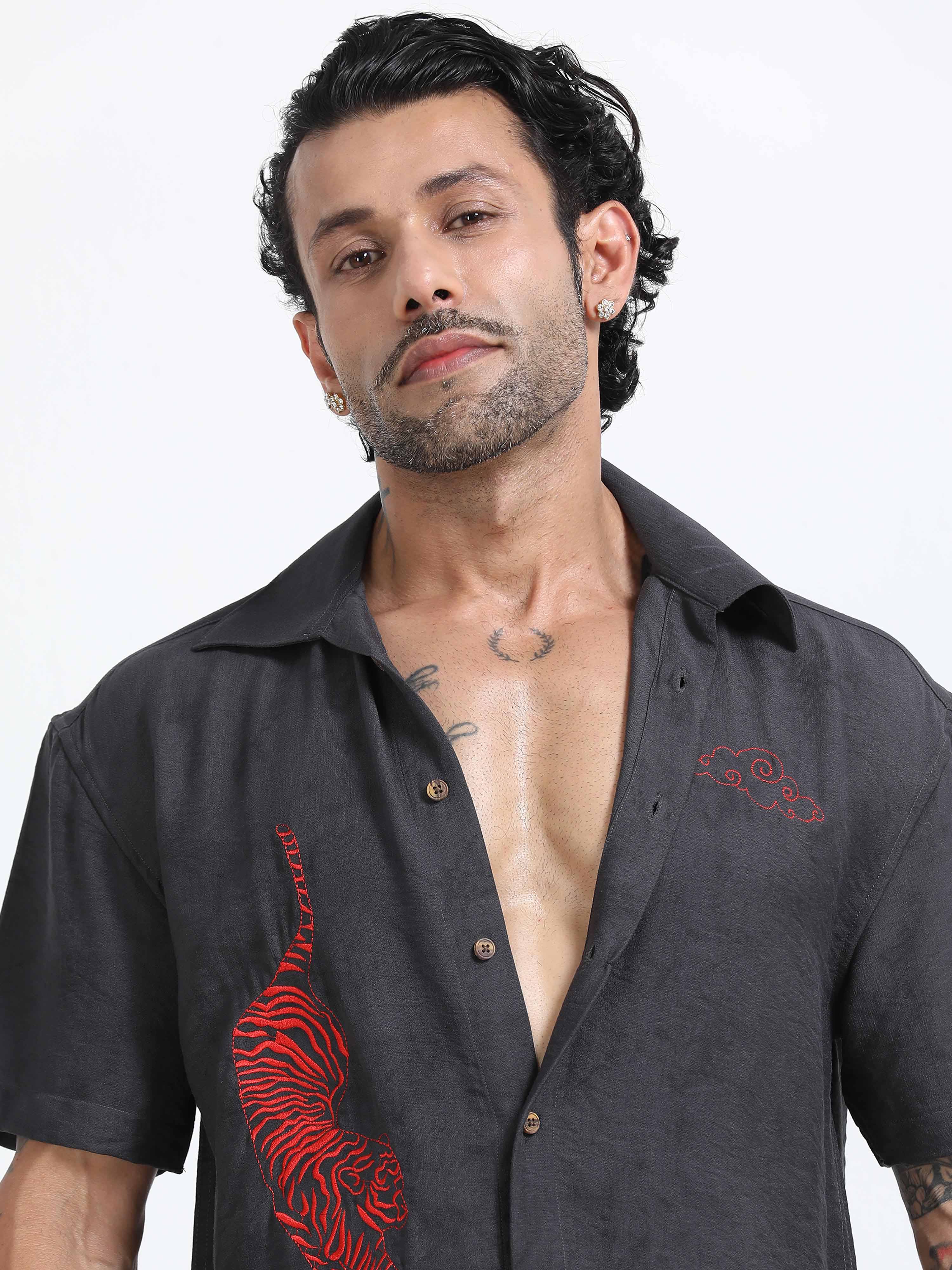 Tiger Embroidered Shirt In Dark Grey for men