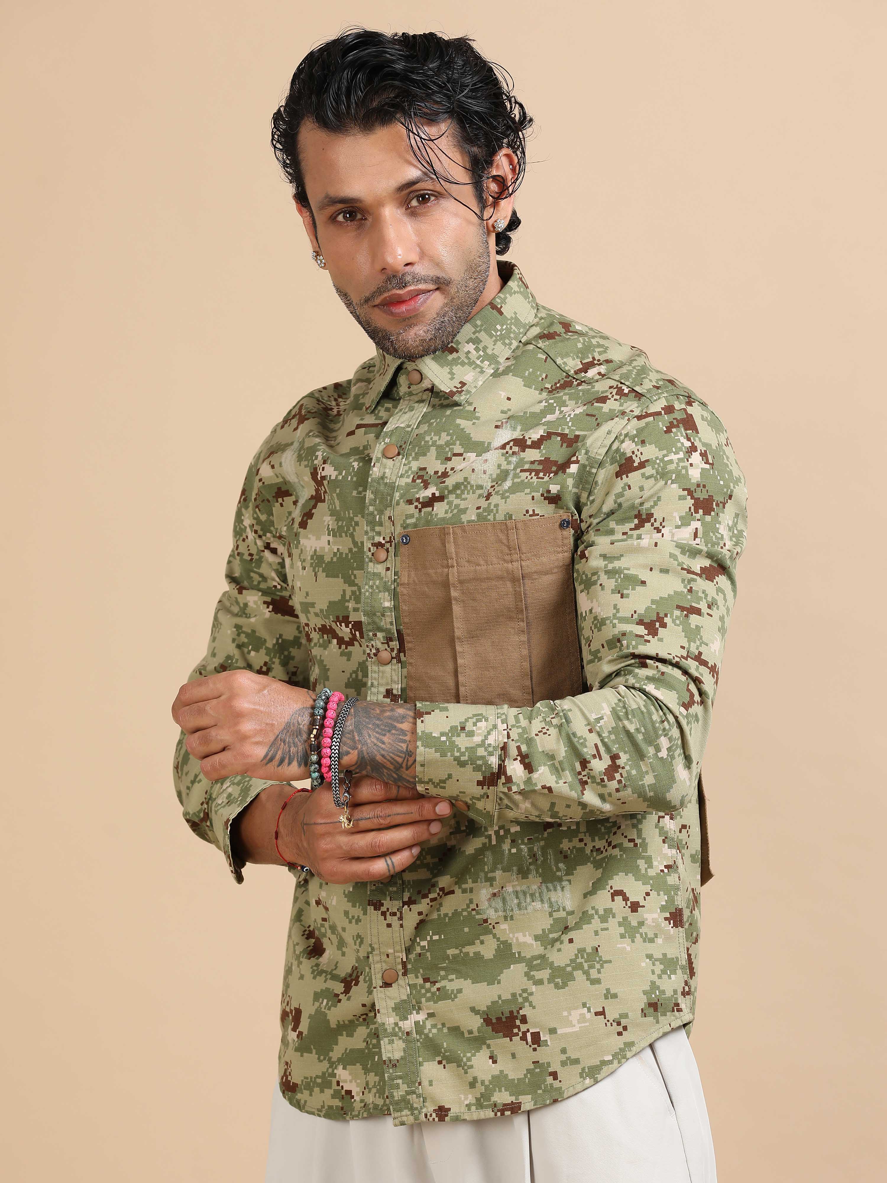 Camo Shirt In Green for Men with Pocket with dragon embroidery