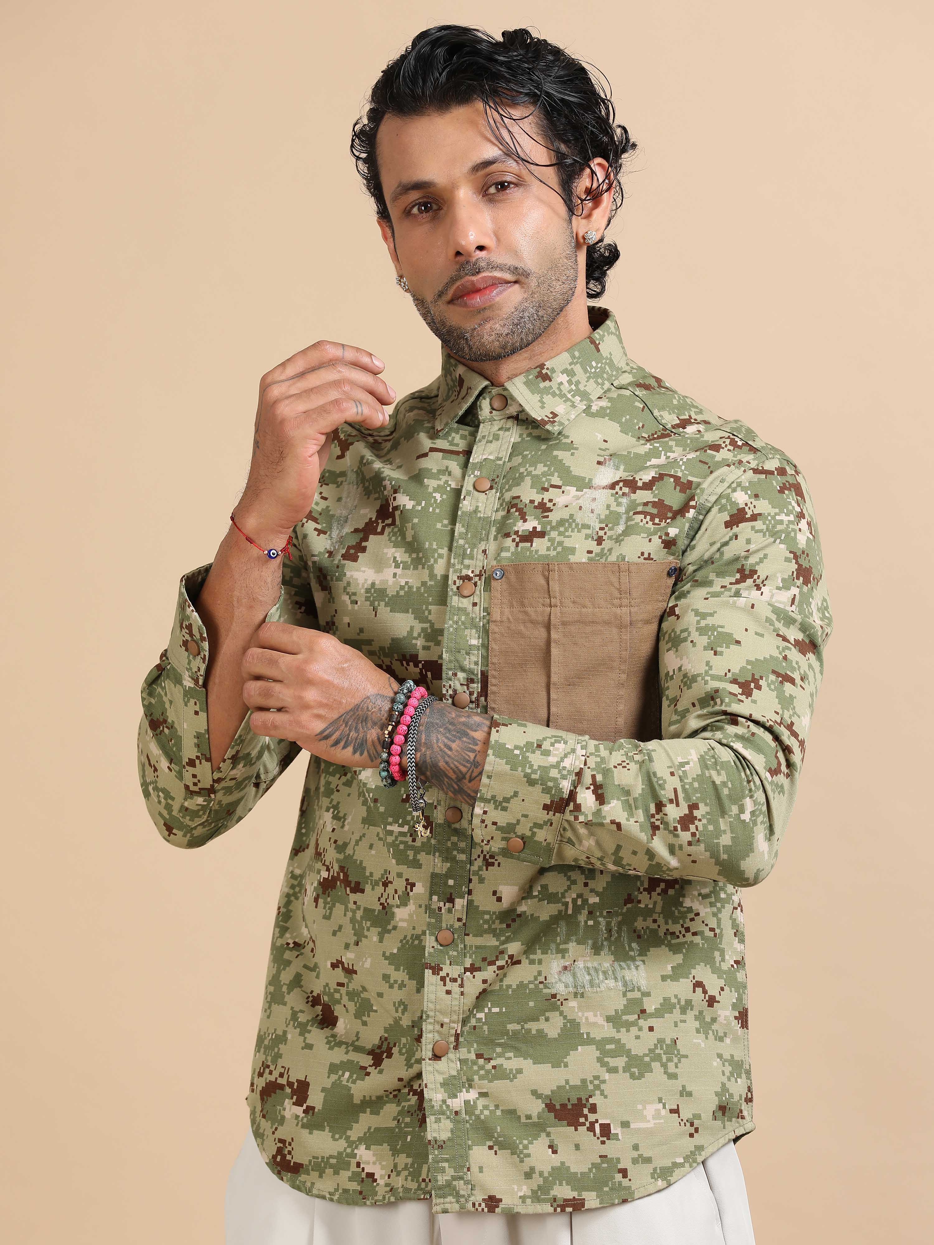 Camo Shirt In Green for Men with Pocket with dragon embroidery