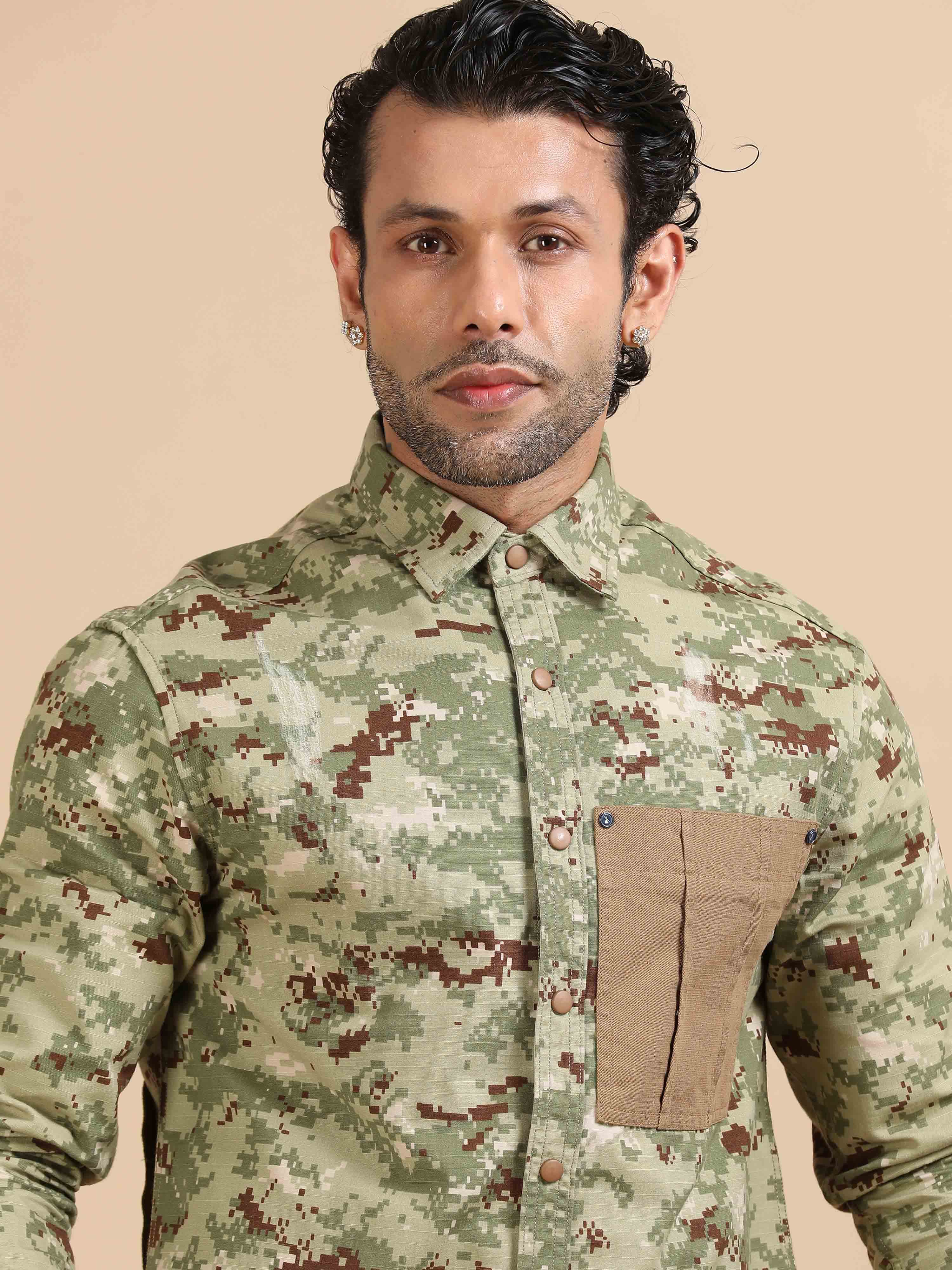 Camo Shirt In Green for Men with Pocket with dragon embroidery